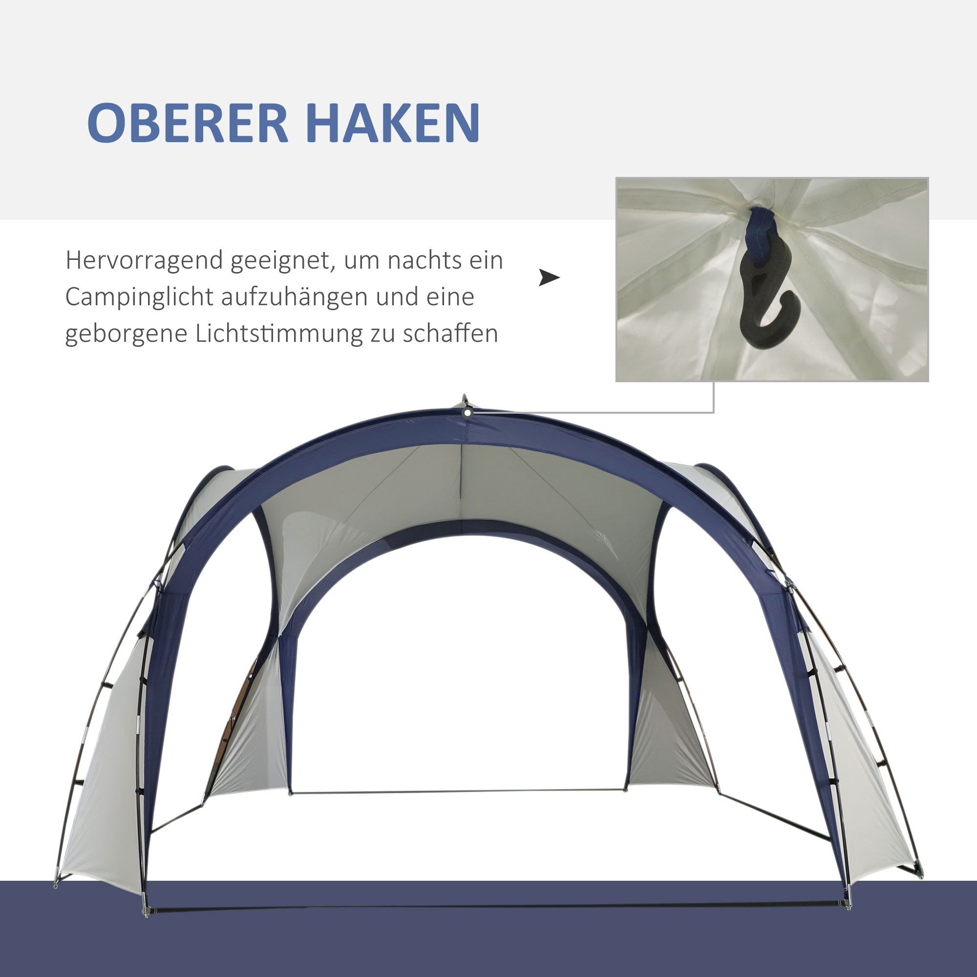 Ein offenes Baldachinzelt mit Nahaufnahme eines Hakens, Text darüber.