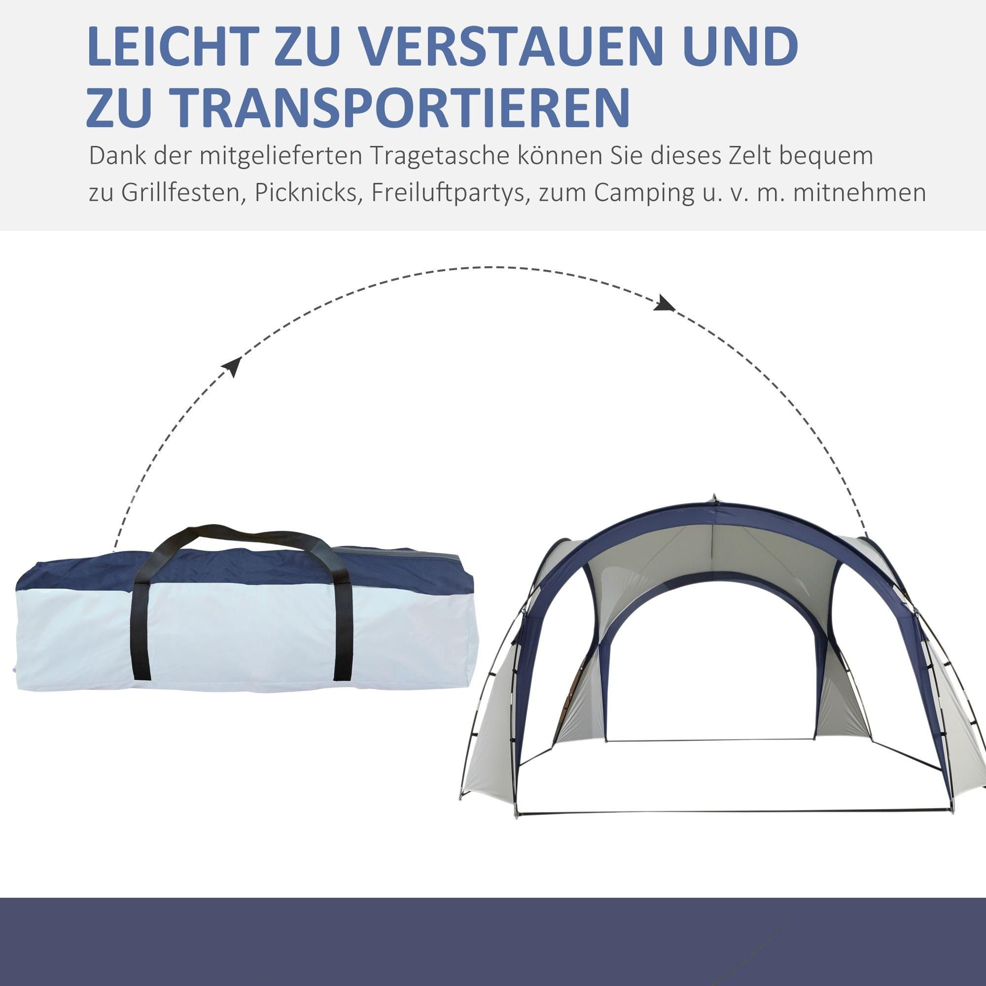 Zelt und Tragetasche mit Text: leicht zu verstauen und zu transportieren.