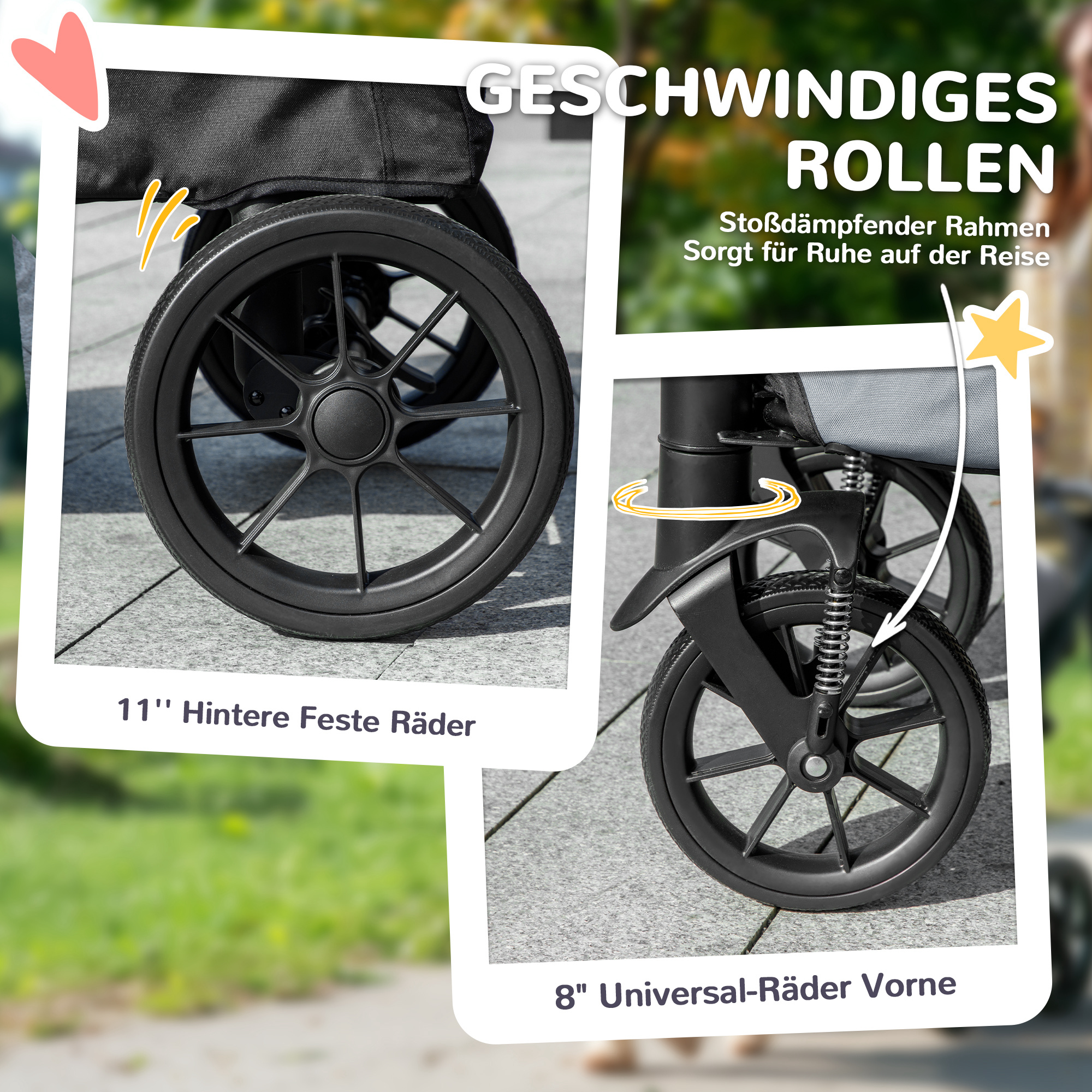 Zwei Nahaufnahmen von den Rädern eines Haustierwagens. Eines zeigt die Hinterräder, das andere die Vorderräder.