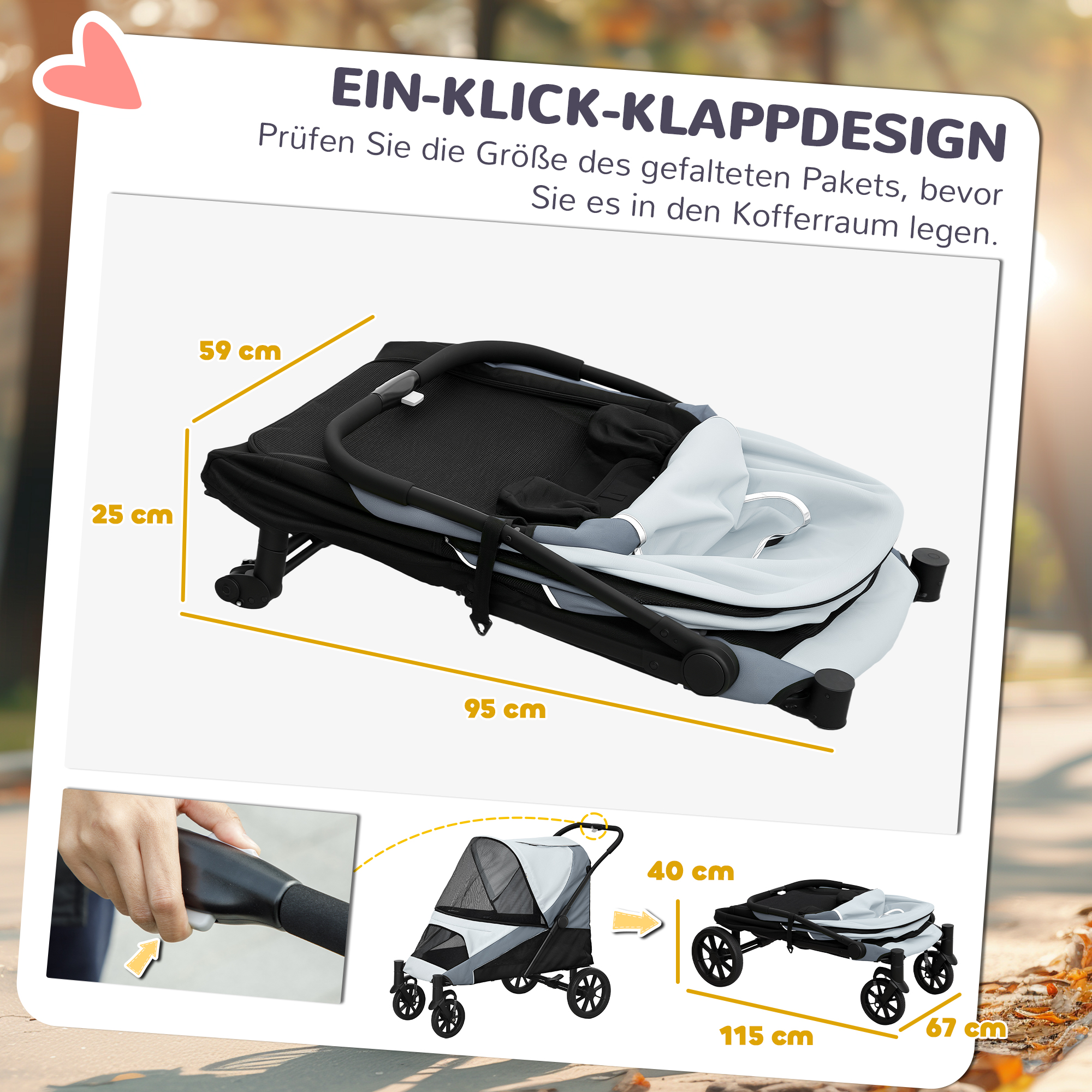 Das Bild zeigt die Abmessungen eines zusammenklappbaren Haustierwagens mit Details zu seiner Größe im zusammengeklappten und aufgeklappten Zustand.