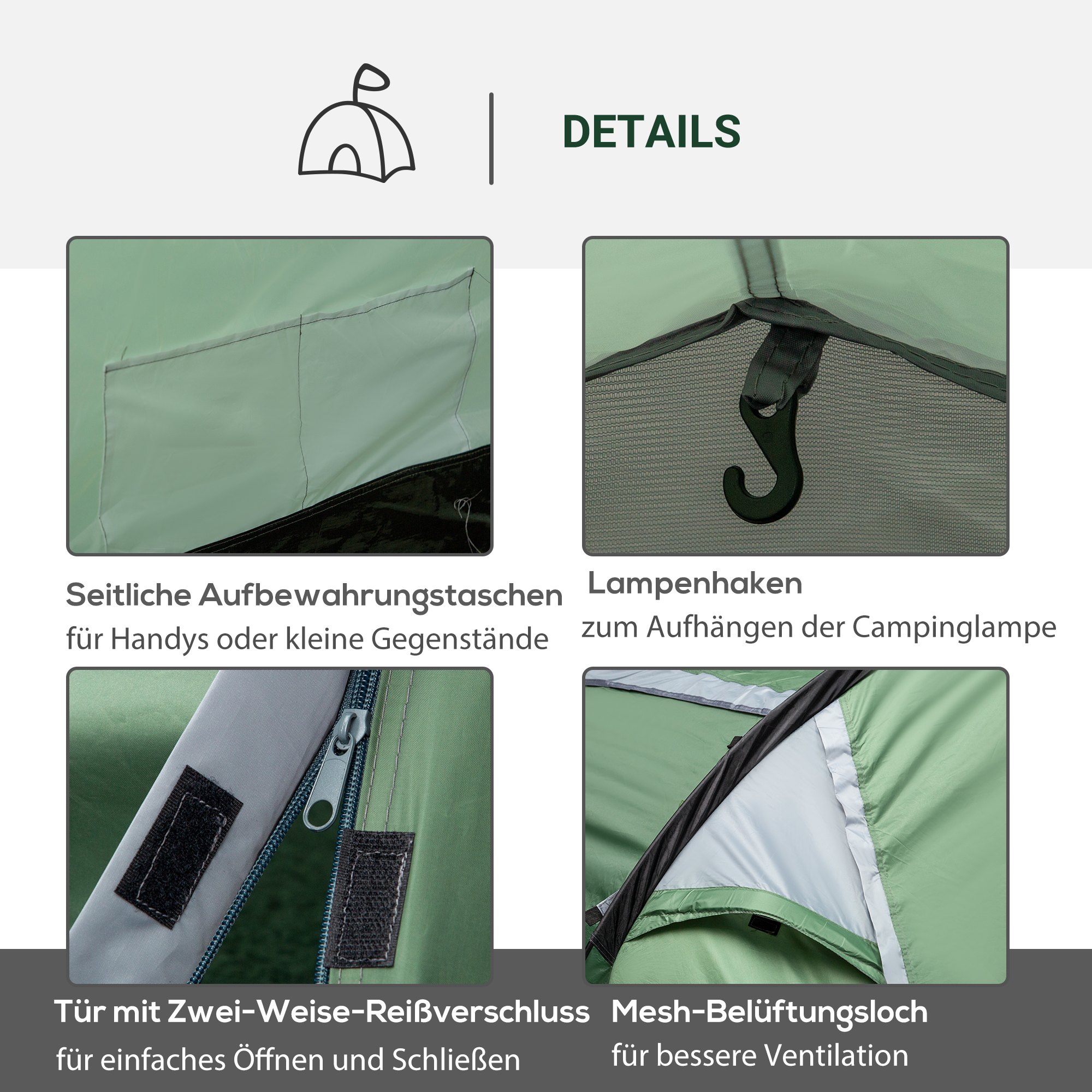 Nahaufnahmedetails eines Zeltes: Seitentaschen, ein Lampenhaken, ein Zwei-Wege-Reißverschluss und eine Netzbelüftung.