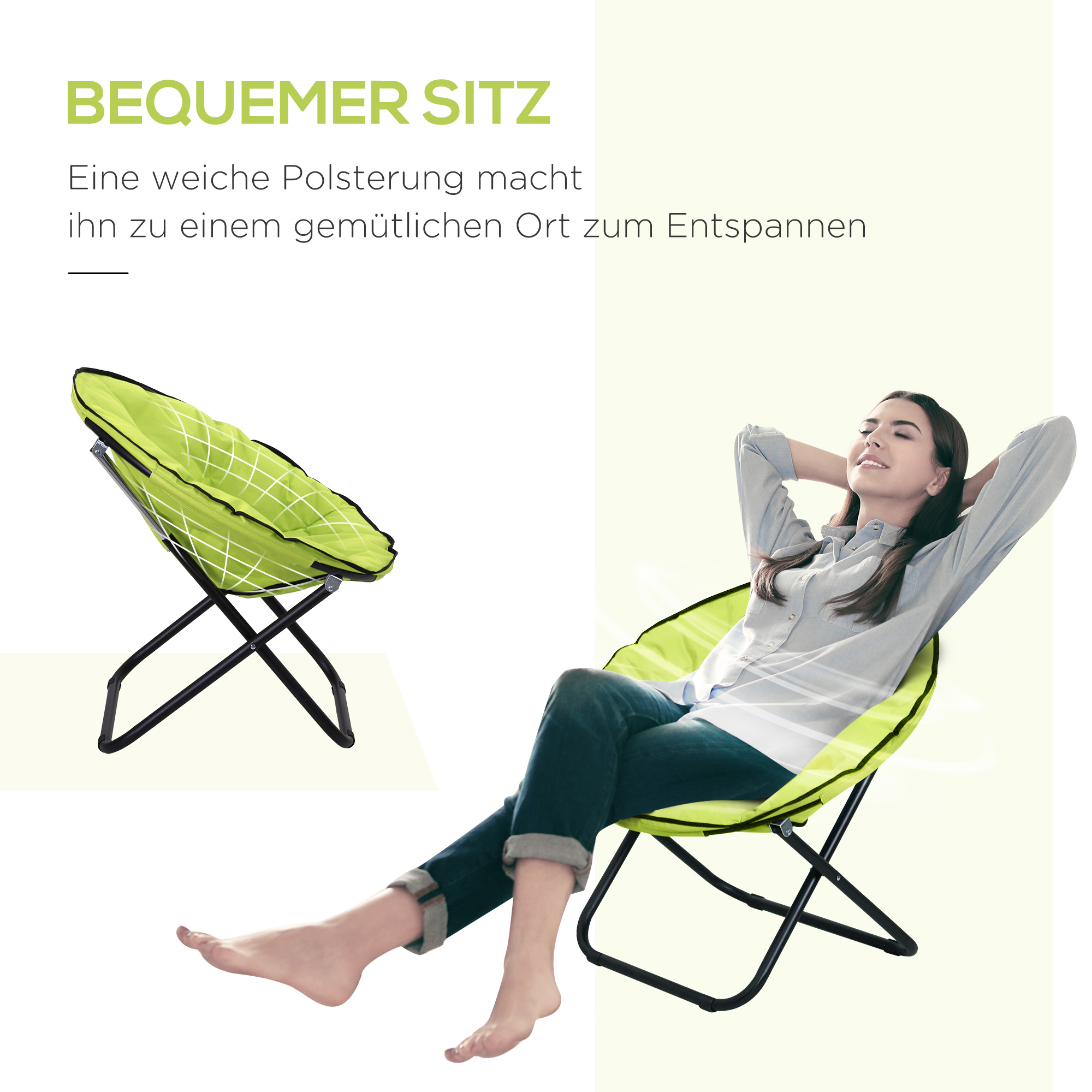 Eine Frau entspannt sich in einem lindgrünen Klappstuhl. Links ist ein weiterer Stuhl abgebildet. Der Hintergrund ist hell.