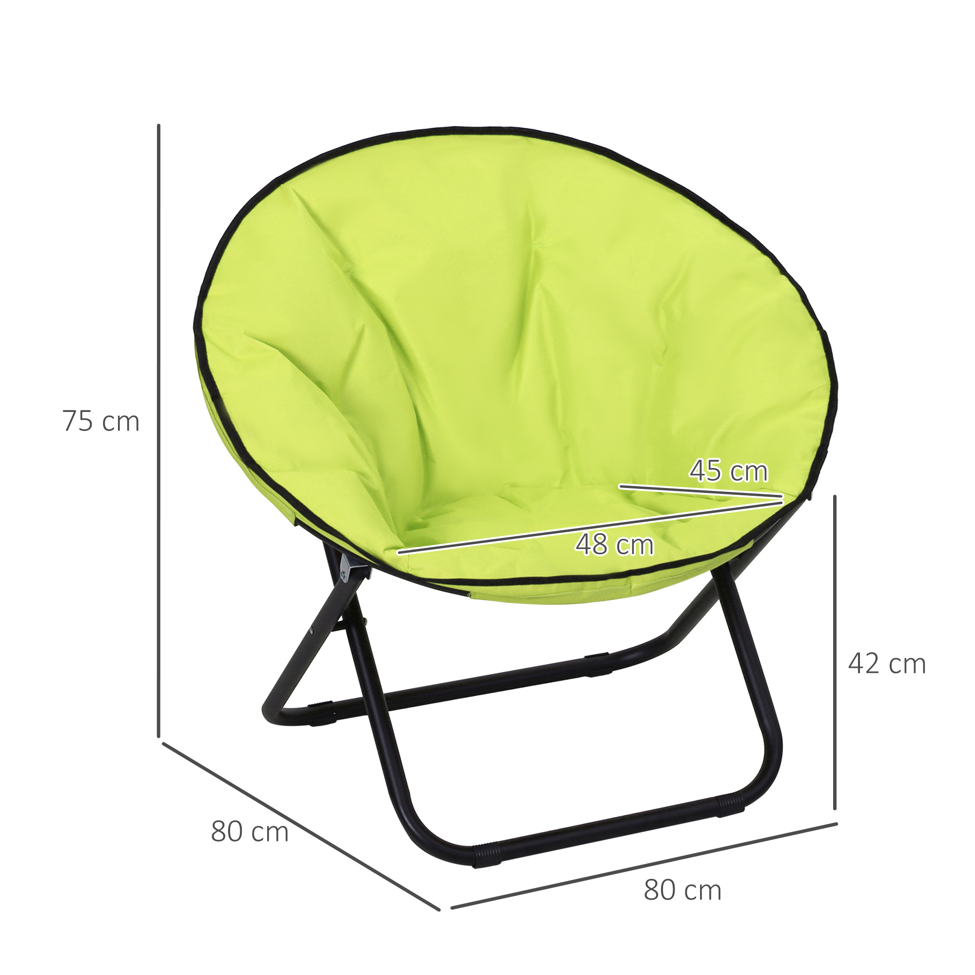 Ein limettengrüner runder Stuhl mit schwarzen Metallbeinen. Maße: 75 cm hoch, 80x80 cm Basis, 48 cm breit.