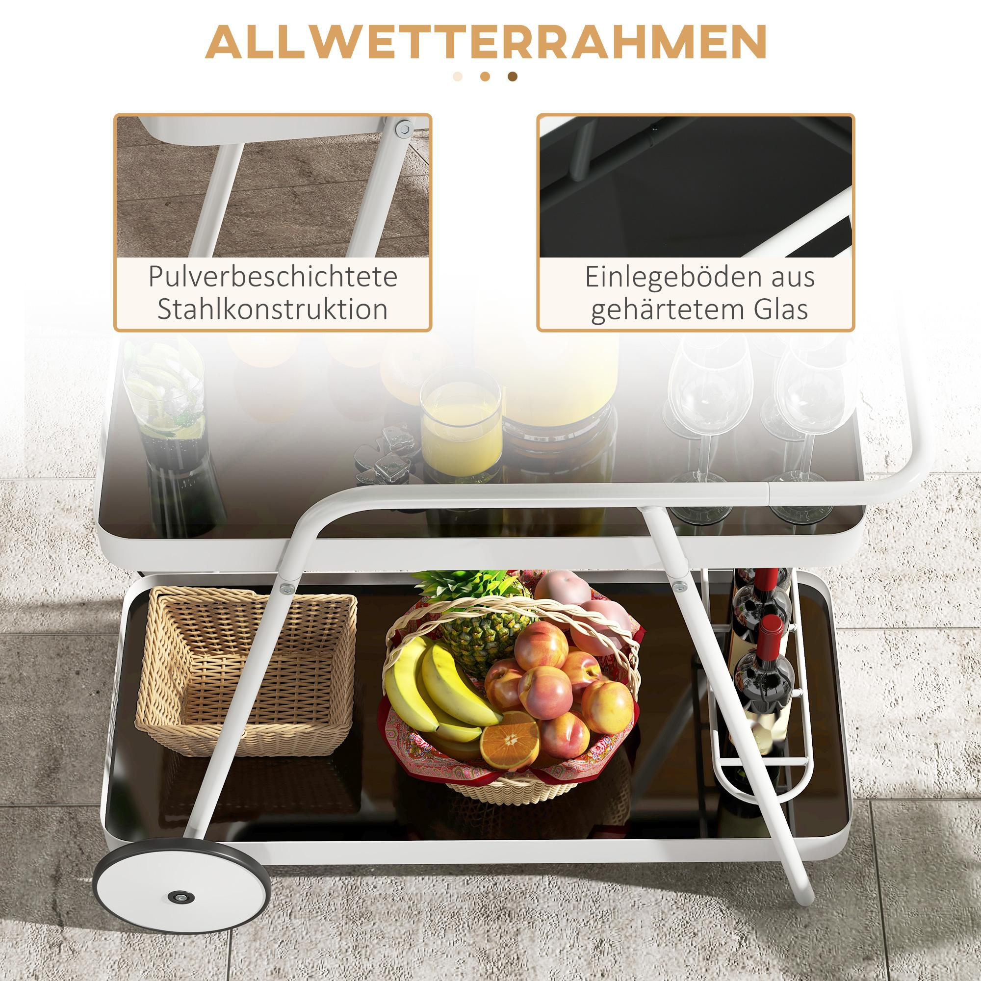 Ein weißer Servierwagen mit zwei Ablagen, auf dem sich ein Obstkorb und Gläser befinden. Details der Konstruktion.