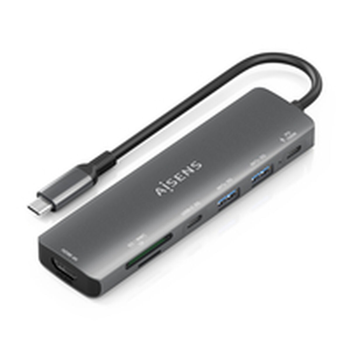 Un hub USB-C grigio con più porte, sfondo bianco.