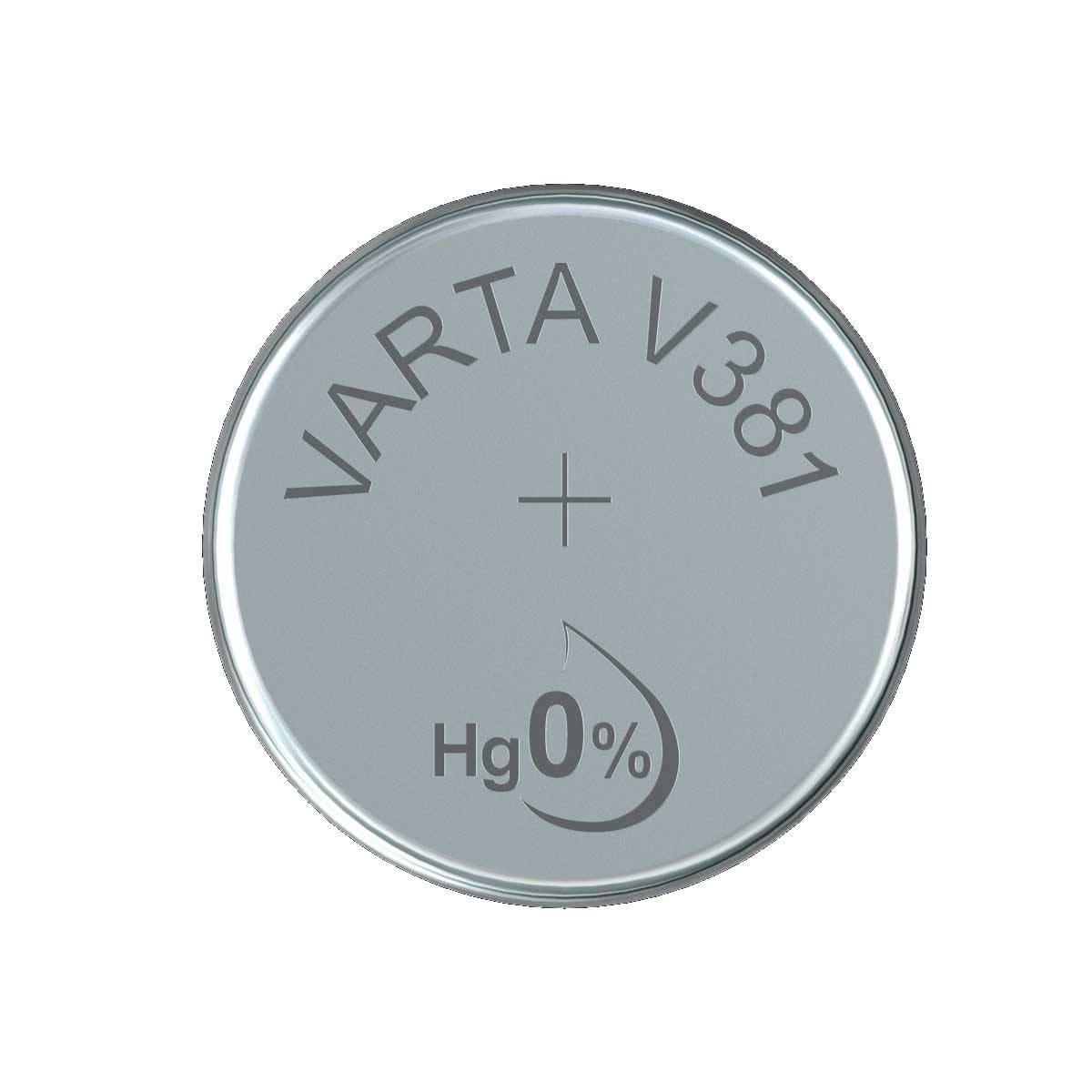 Una batería redonda con 'VARTA' y 'V381'. Tiene un signo más y una gota con 'Hg 0%'.