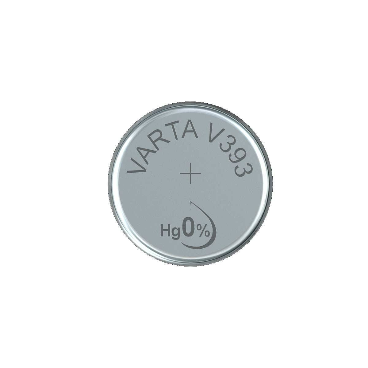 Une pile ronde avec la marque 'VARTA' et le modèle 'V393'. Elle a un signe plus et 'Hg 0%'.