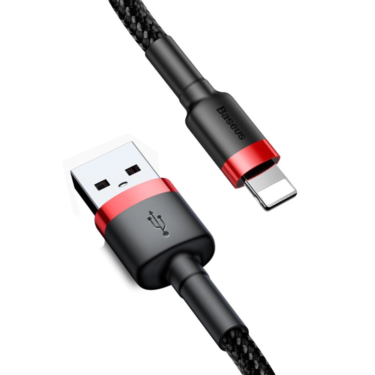 Czarny kabel ładujący z czerwonymi akcentami oraz złączem USB i Lightning.