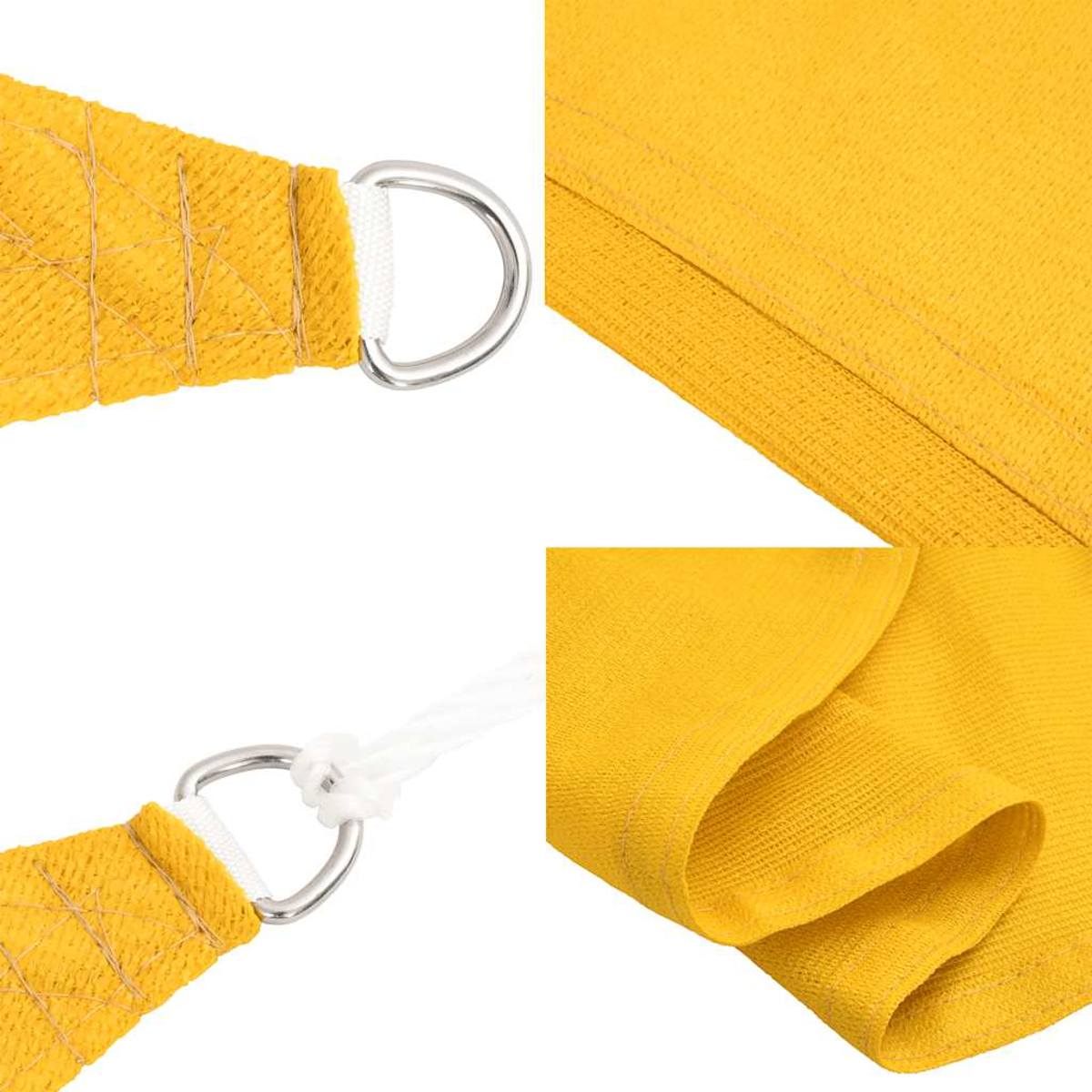 Primo piano del tessuto parasole giallo con anelli metallici e connessioni di corda bianca.