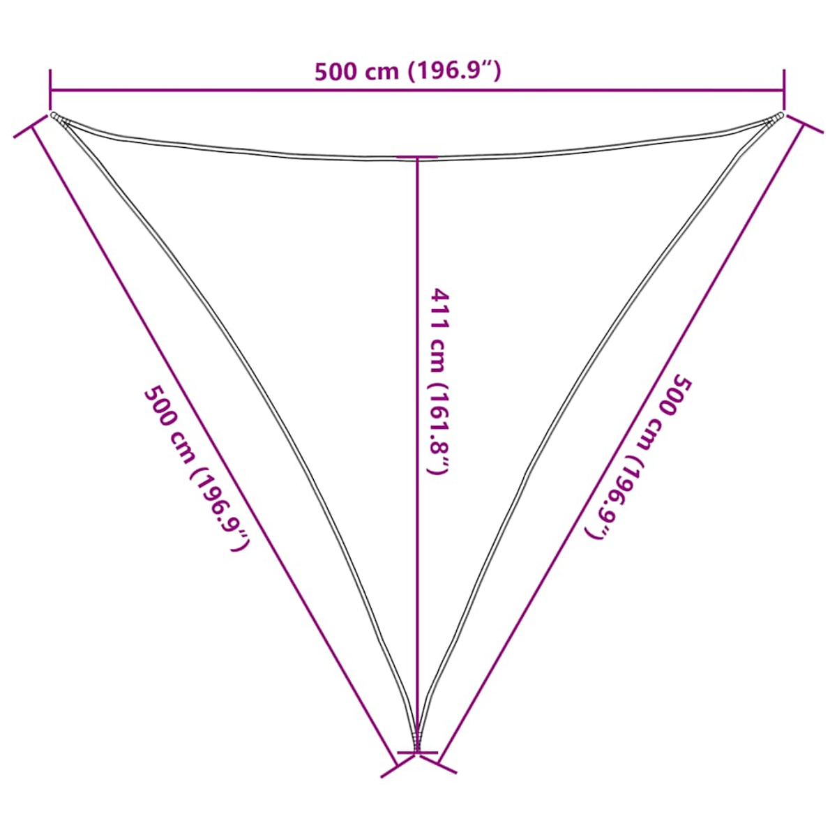 Vela parasole triangolare, con dimensioni di 500 cm e 411 cm, con corde bianche.