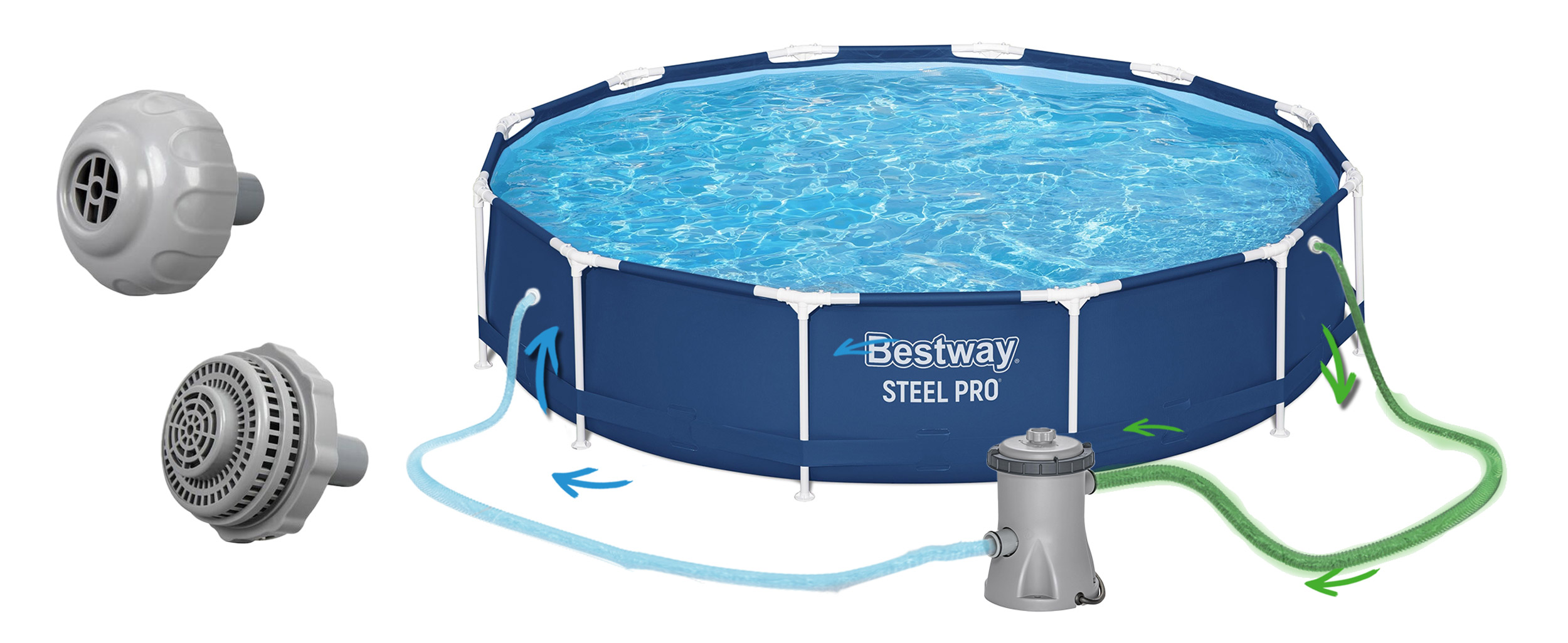 Niebieski basen naziemny z wodą, pompą i akcesoriami. Dwa szare elementy po lewej.