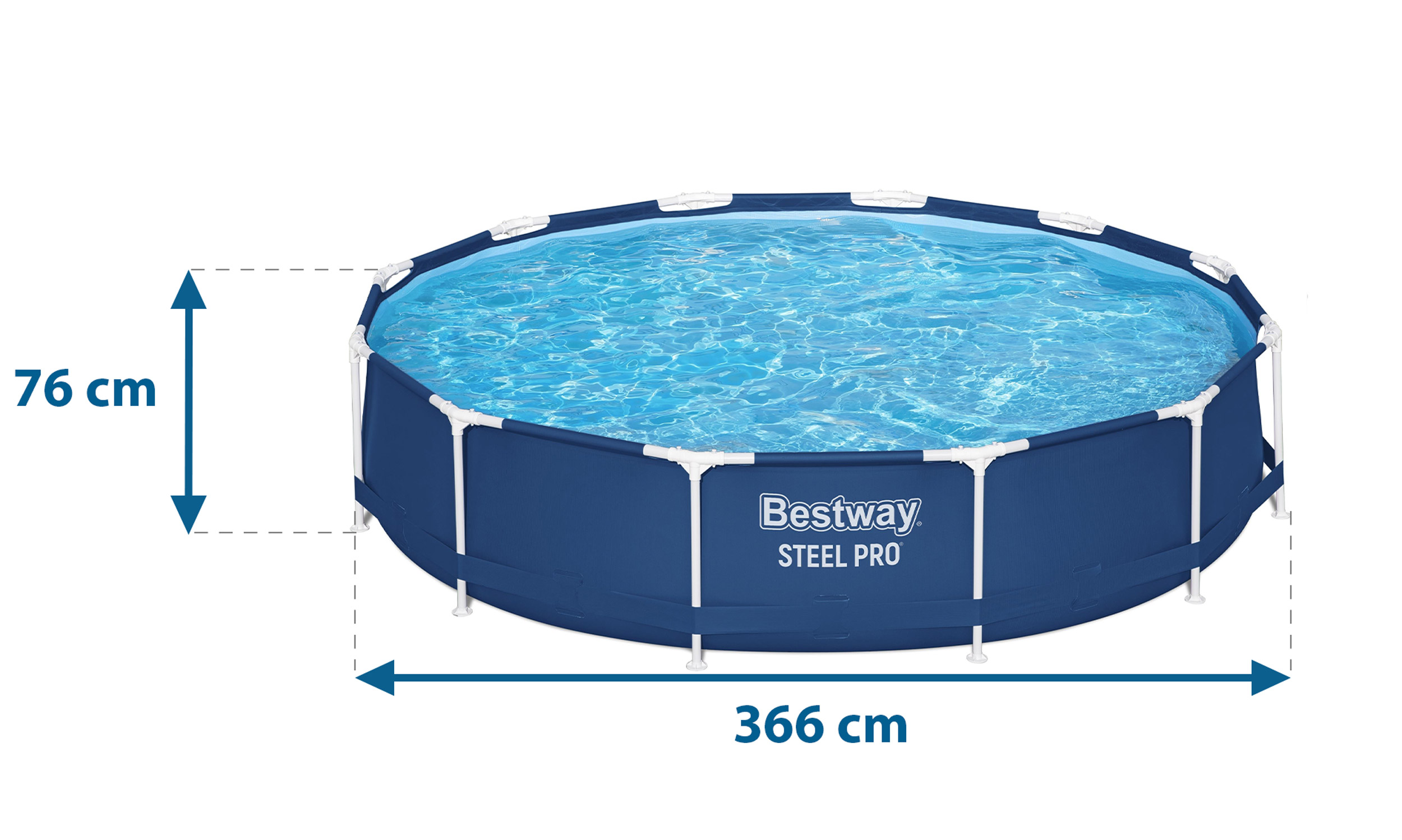 Niebieski, okrągły basen naziemny z zaznaczonymi wymiarami. Basen jest wypełniony wodą, a marka to Bestway.