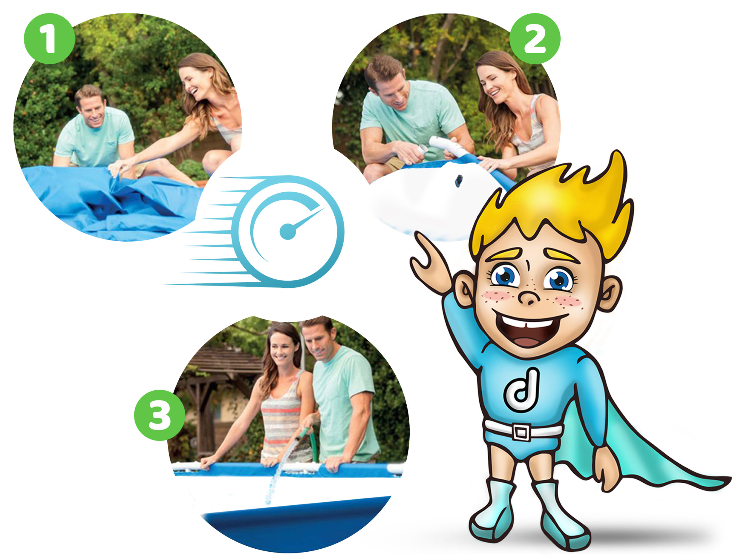 Trzy zdjęcia pokazujące proces ustawiania basenu, z kreskówkowym superbohaterem wskazującym i uśmiechającym się.