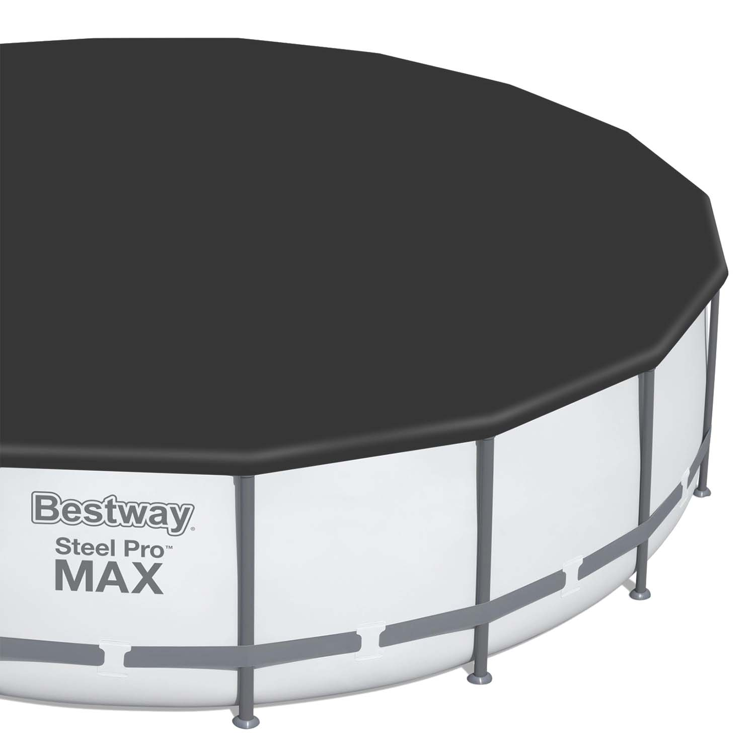 Zbliżenie na basen naziemny z czarną pokrywą, z widoczną nazwą marki Bestway Steel Max.