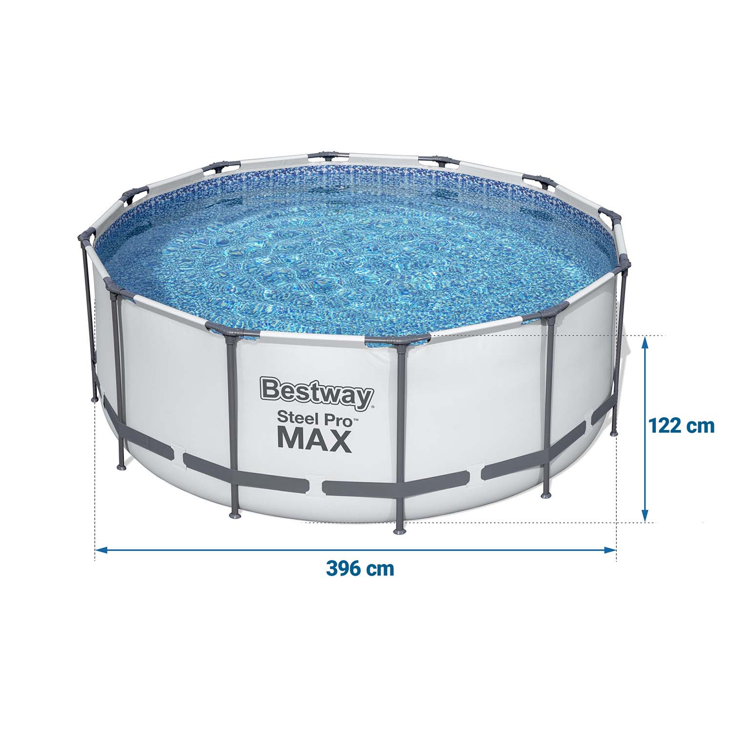 Basen naziemny z wymiarami, z marką Bestway Steel Pro Max, wypełniony wodą.