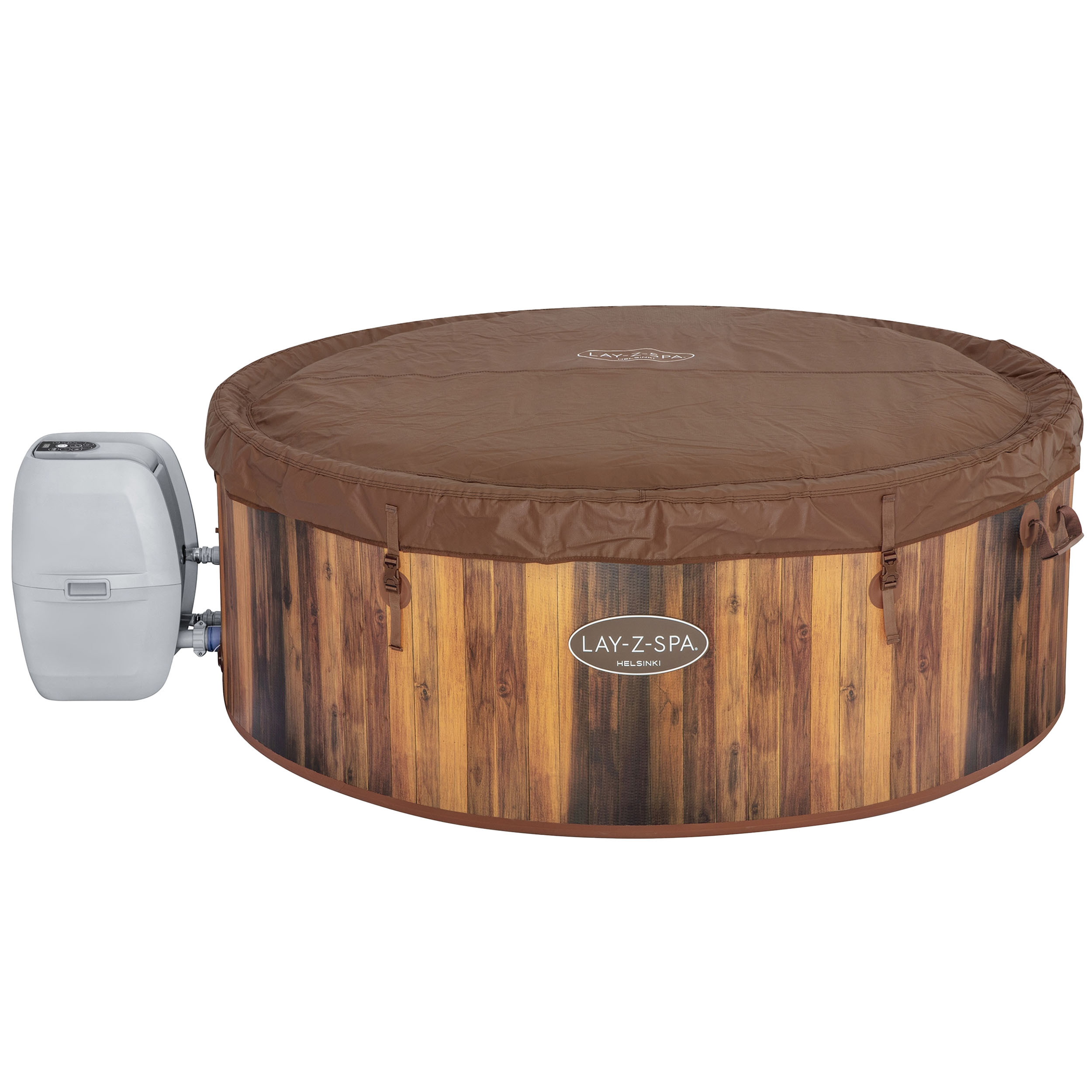 Wanna z hydromasażem Lay-Z-Spa Helsinki z brązowym drewnianym wykończeniem i brązową pokrywą oraz podłączoną pompą.