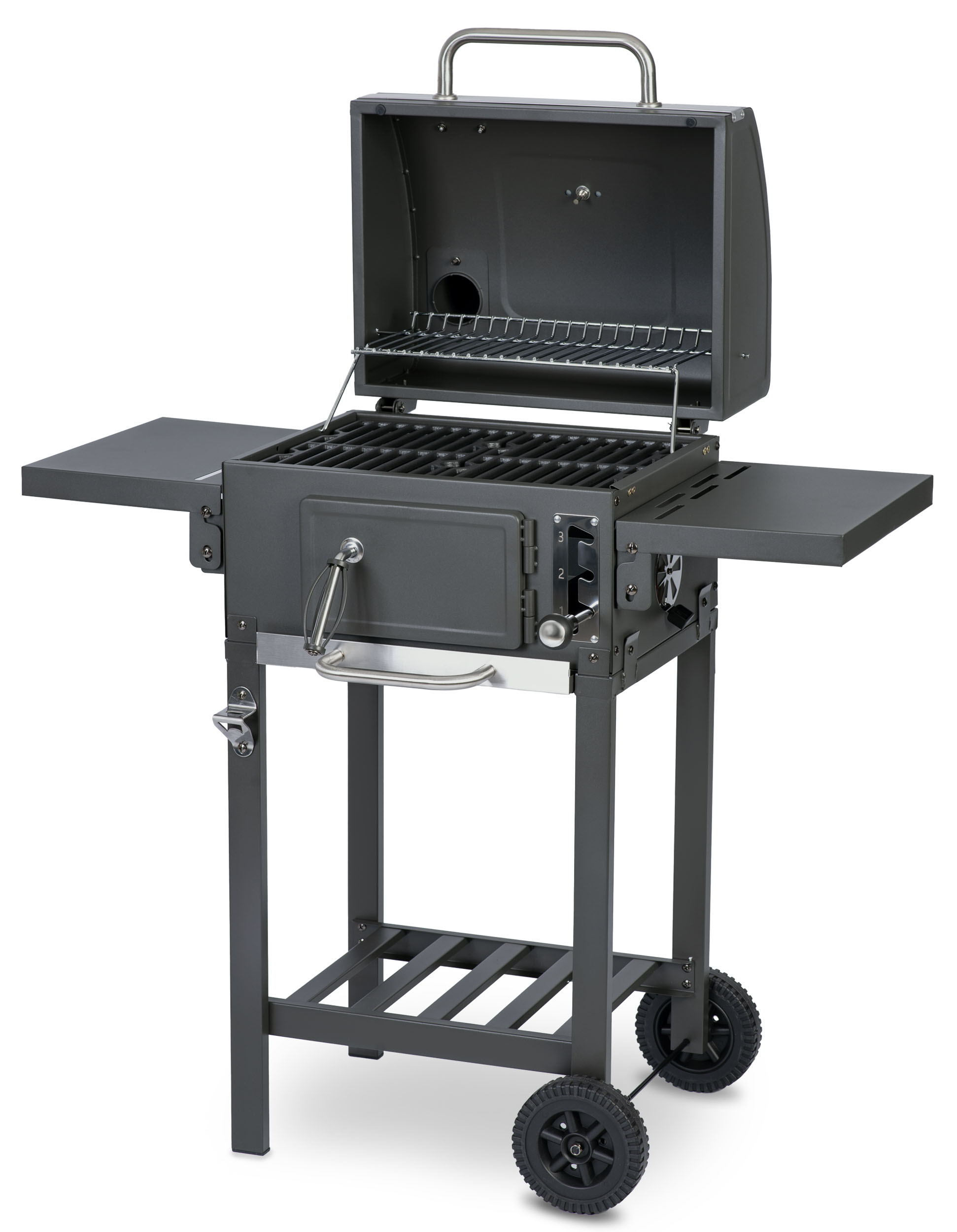 Grill węglowy z otwartą pokrywą, bocznymi półkami i otwieraczem do butelek.