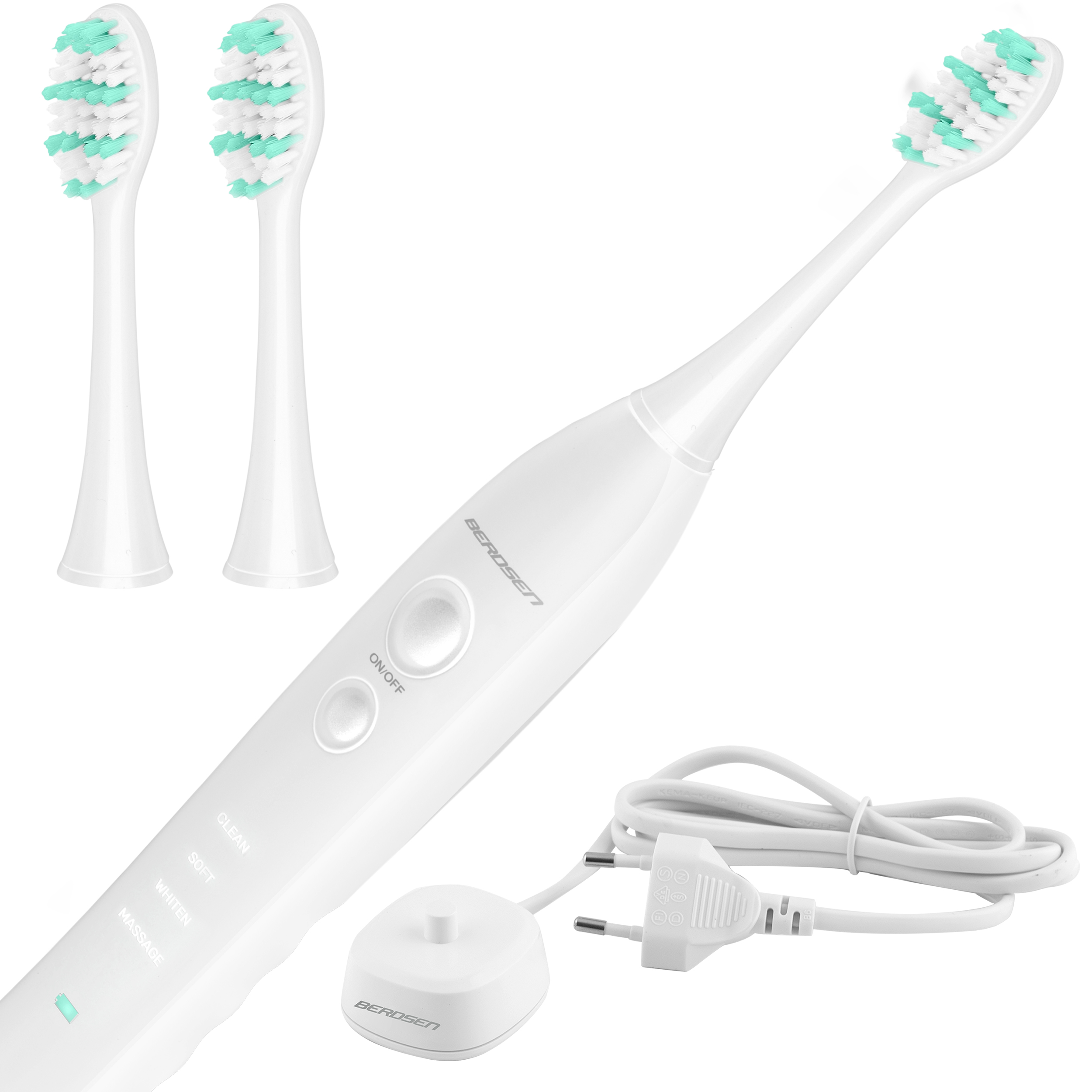 Biała szczoteczka do zębów Berosen Sonic B3 z trzema główkami i stacją ładującą, z podłączonym przewodem zasilającym.