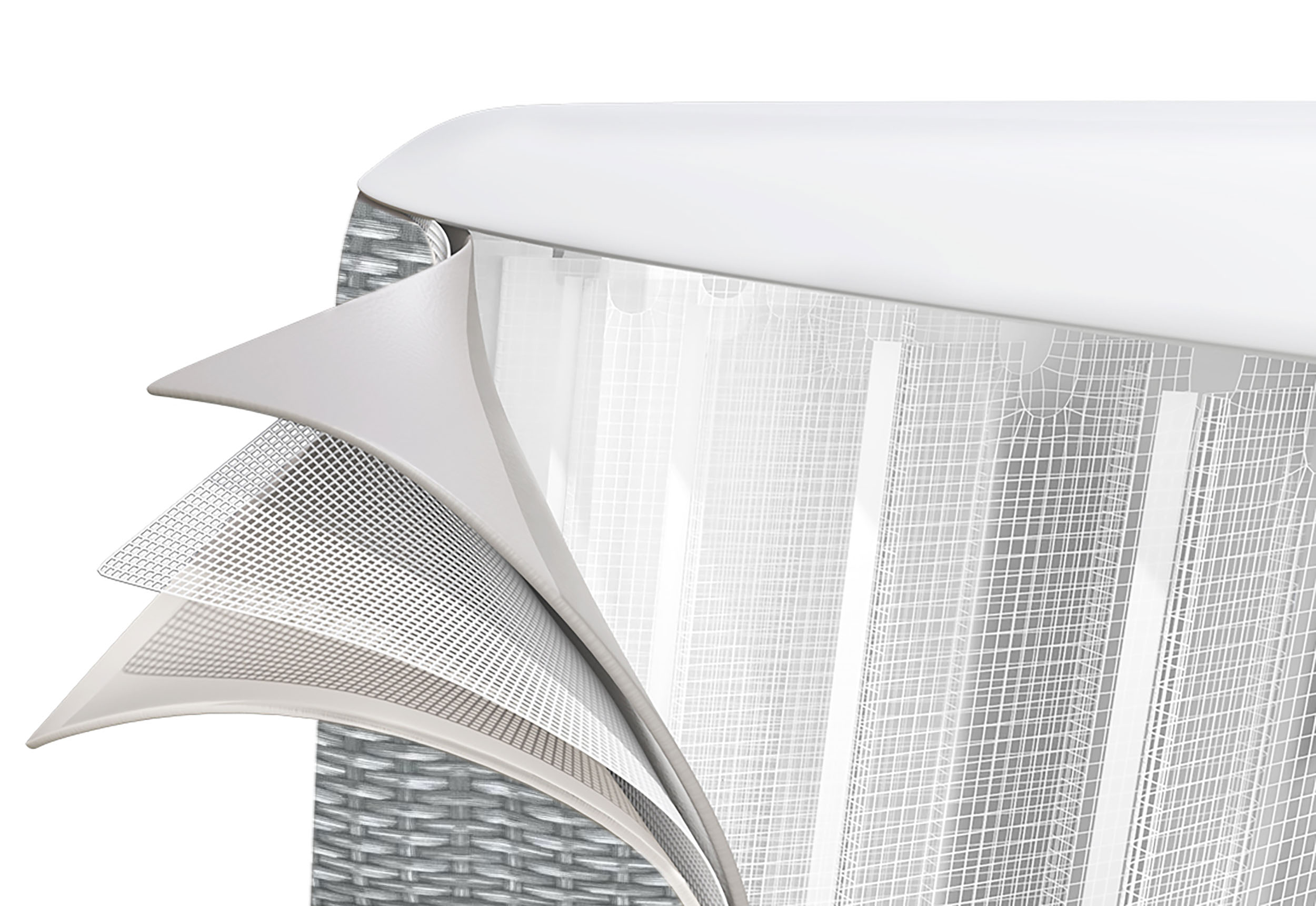 Zbliżenie na warstwy pokrywy jacuzzi: warstwa zewnętrzna, siatka i podszewka wewnętrzna.