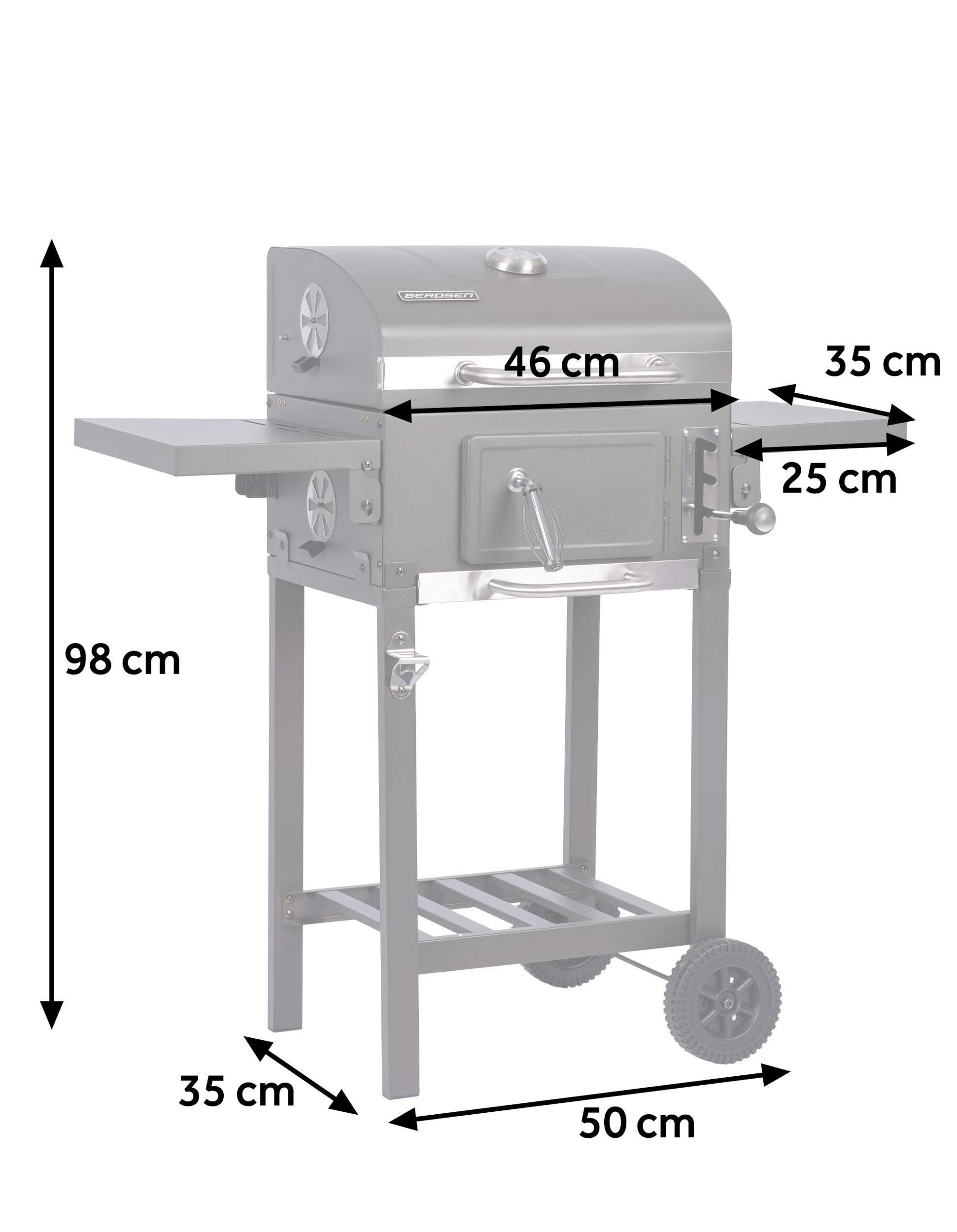 Wymiary grilla węglowego, w tym pomiary wysokości, szerokości i głębokości.