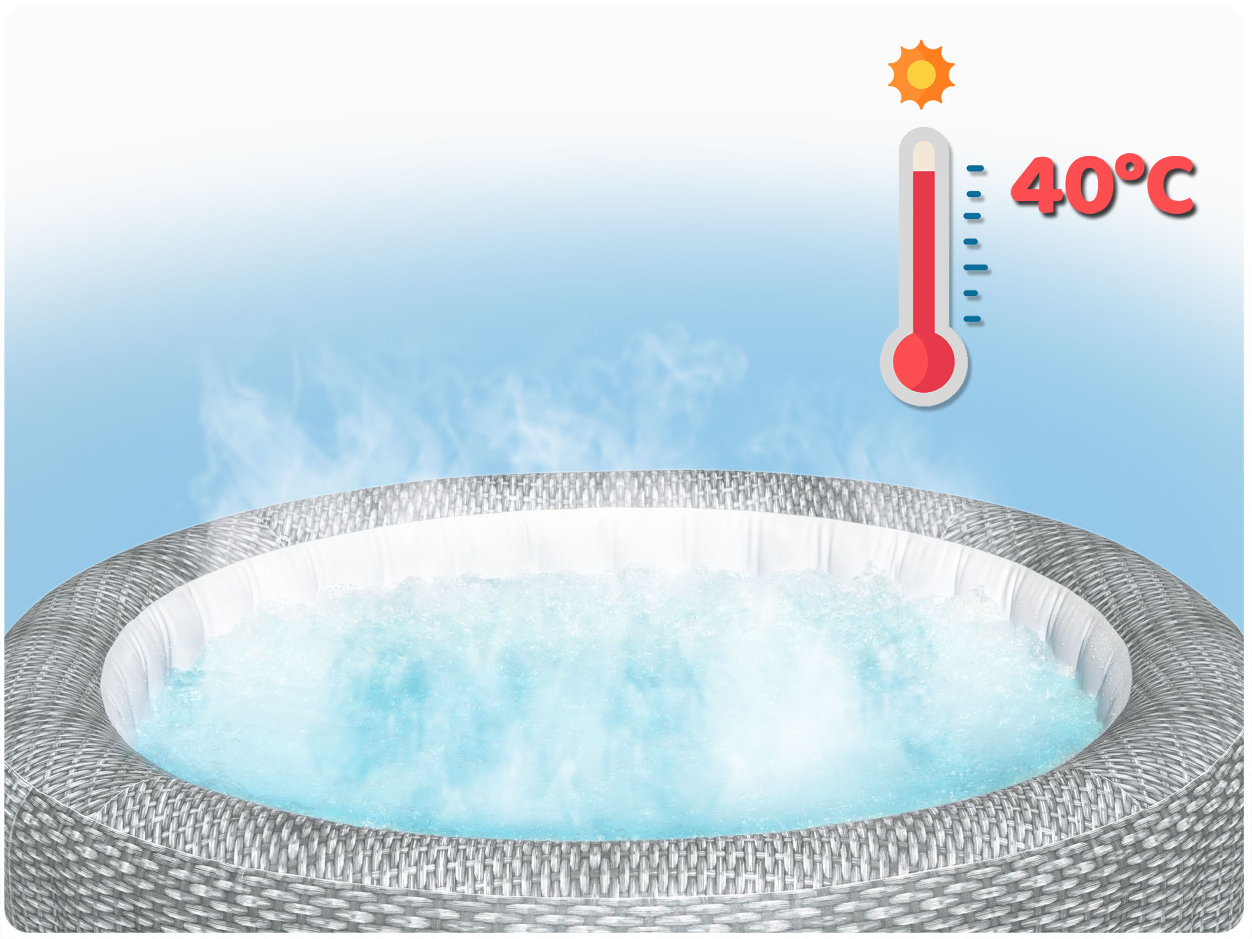 Jacuzzi z wodą, parą i termometrem wskazującym 40 stopni Celsjusza.
