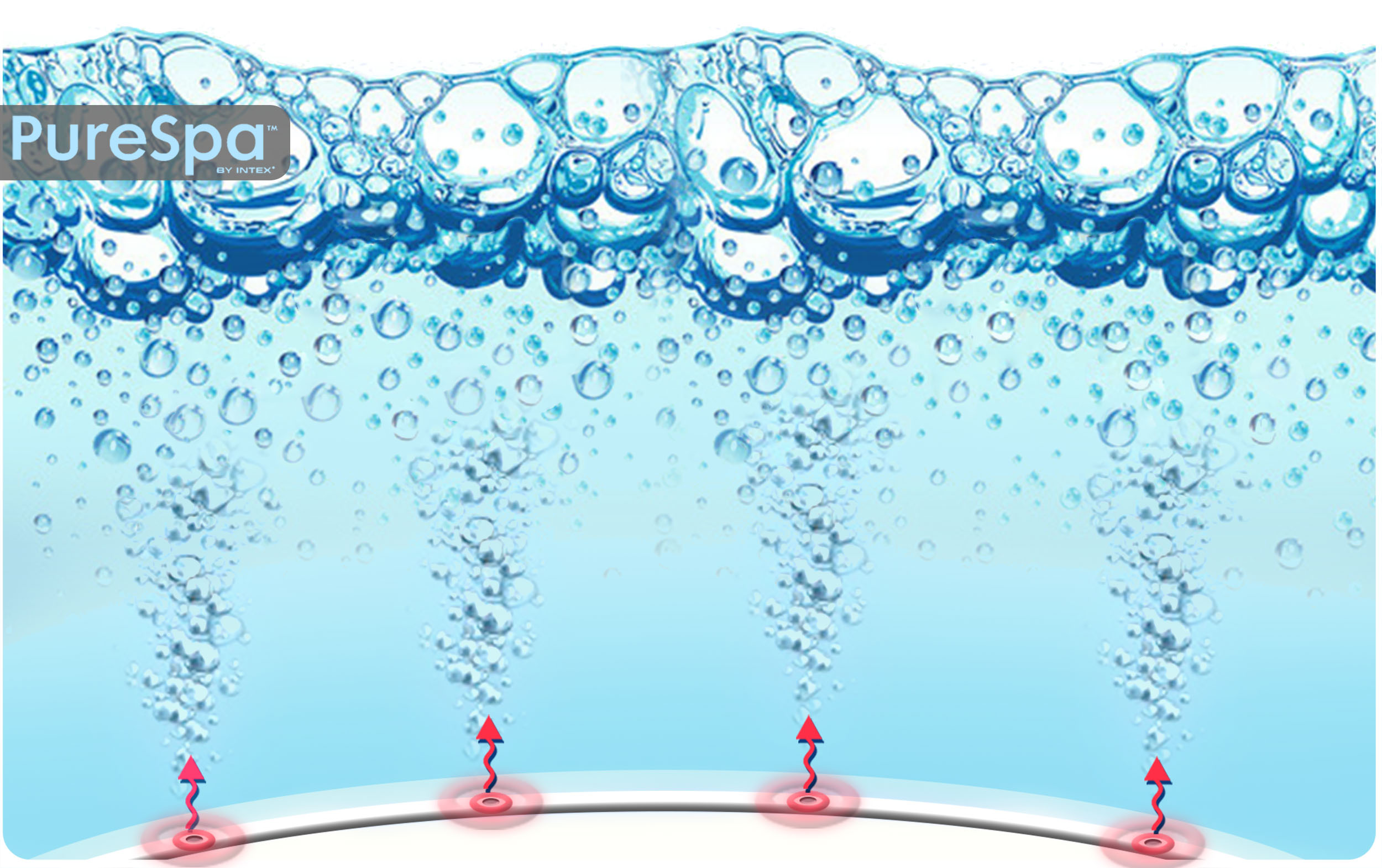 Bąbelki unoszące się z dna jacuzzi, z napisem PureSpa by Intex.