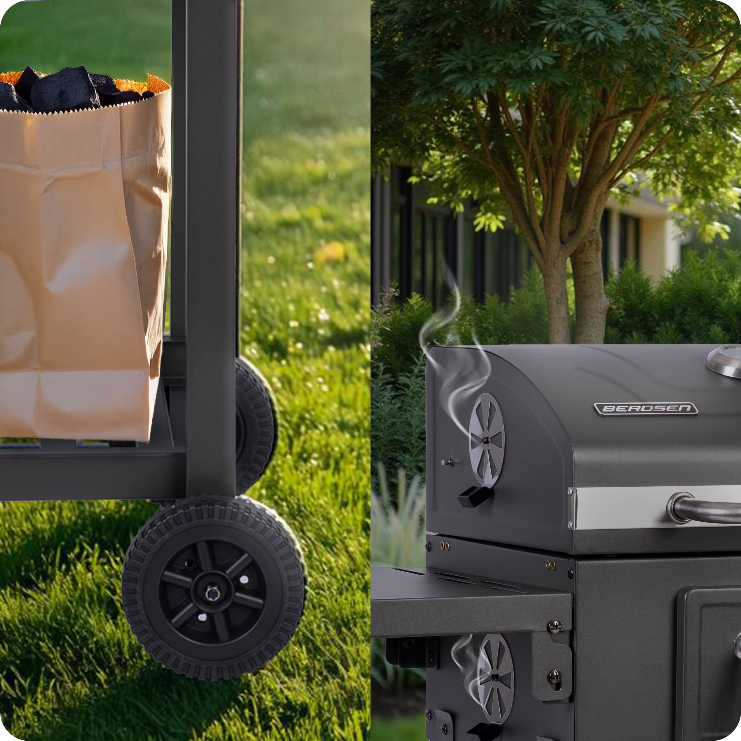 Grill z węglem drzewnym i dymem. Grill jest czarny, z papierową torbą węgla drzewnego obok.