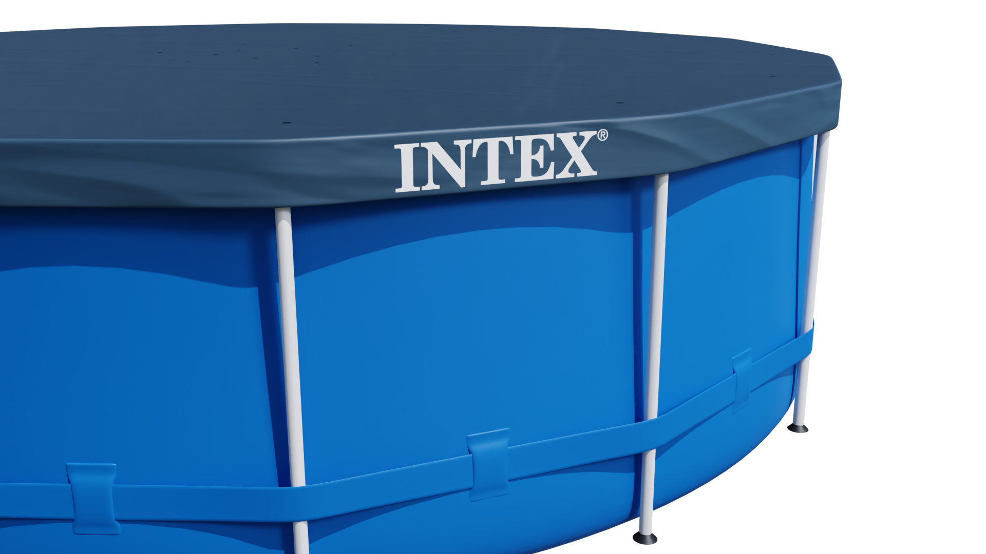Zbliżenie niebieskiego basenu Intex z pokrywą. Pokrywa ma logo Intex.