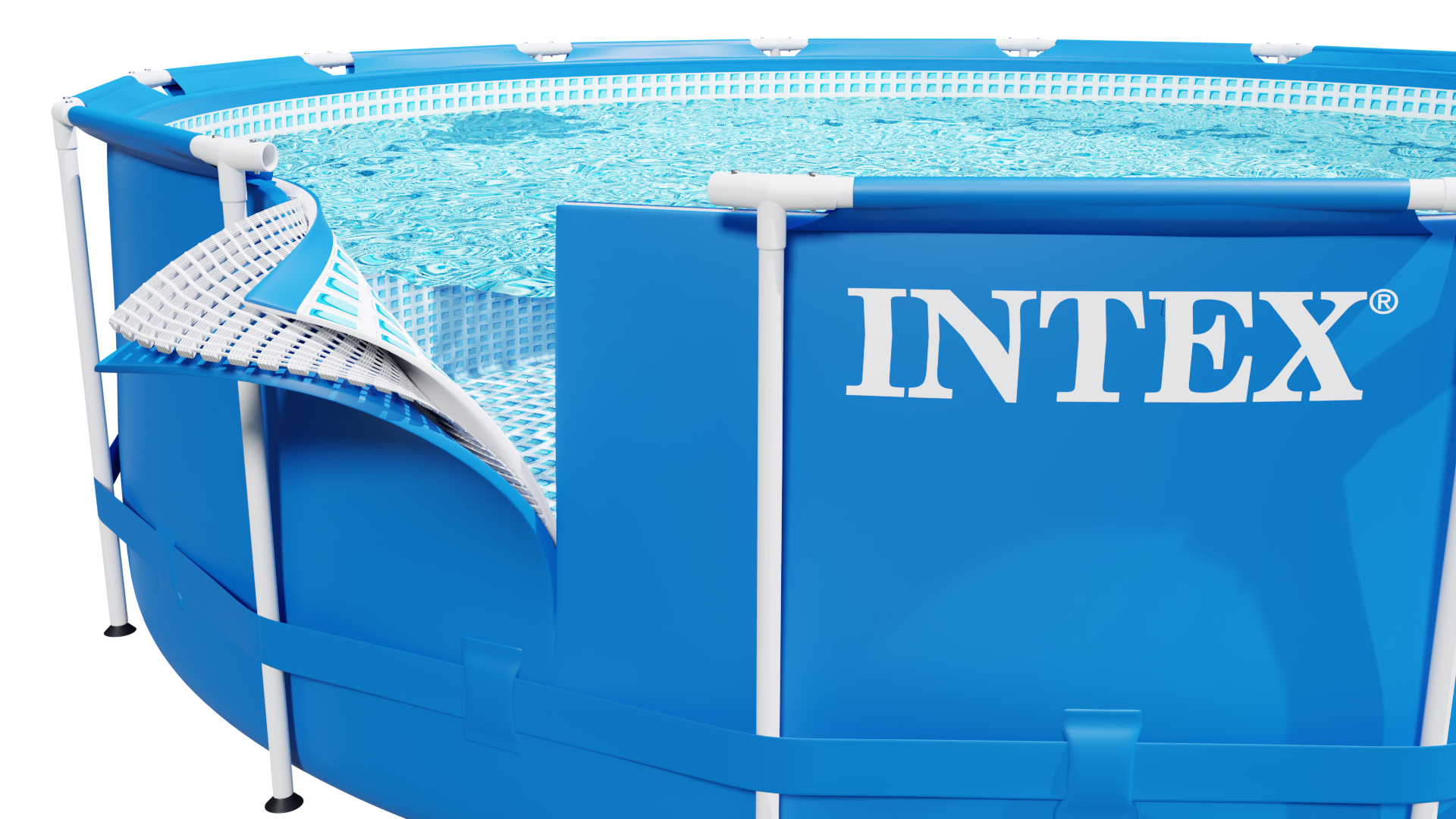 Przekrój basenu Intex pokazujący wnętrze i konstrukcję. Niebieskie i białe materiały.