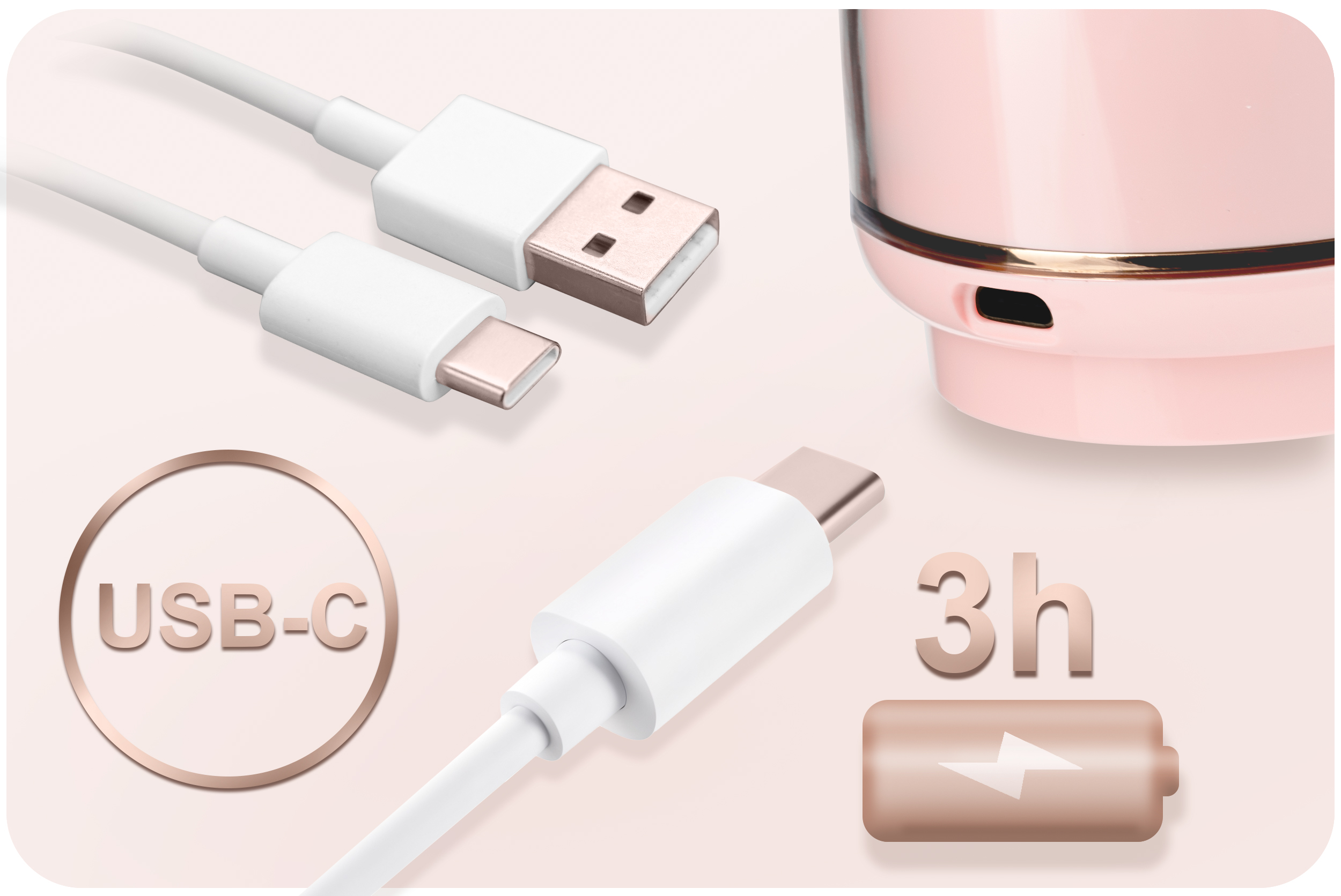 Zbliżenie różowej laktatora z kablami USB-C i wskaźnikiem ładowania. Czas ładowania wynosi 3h.
