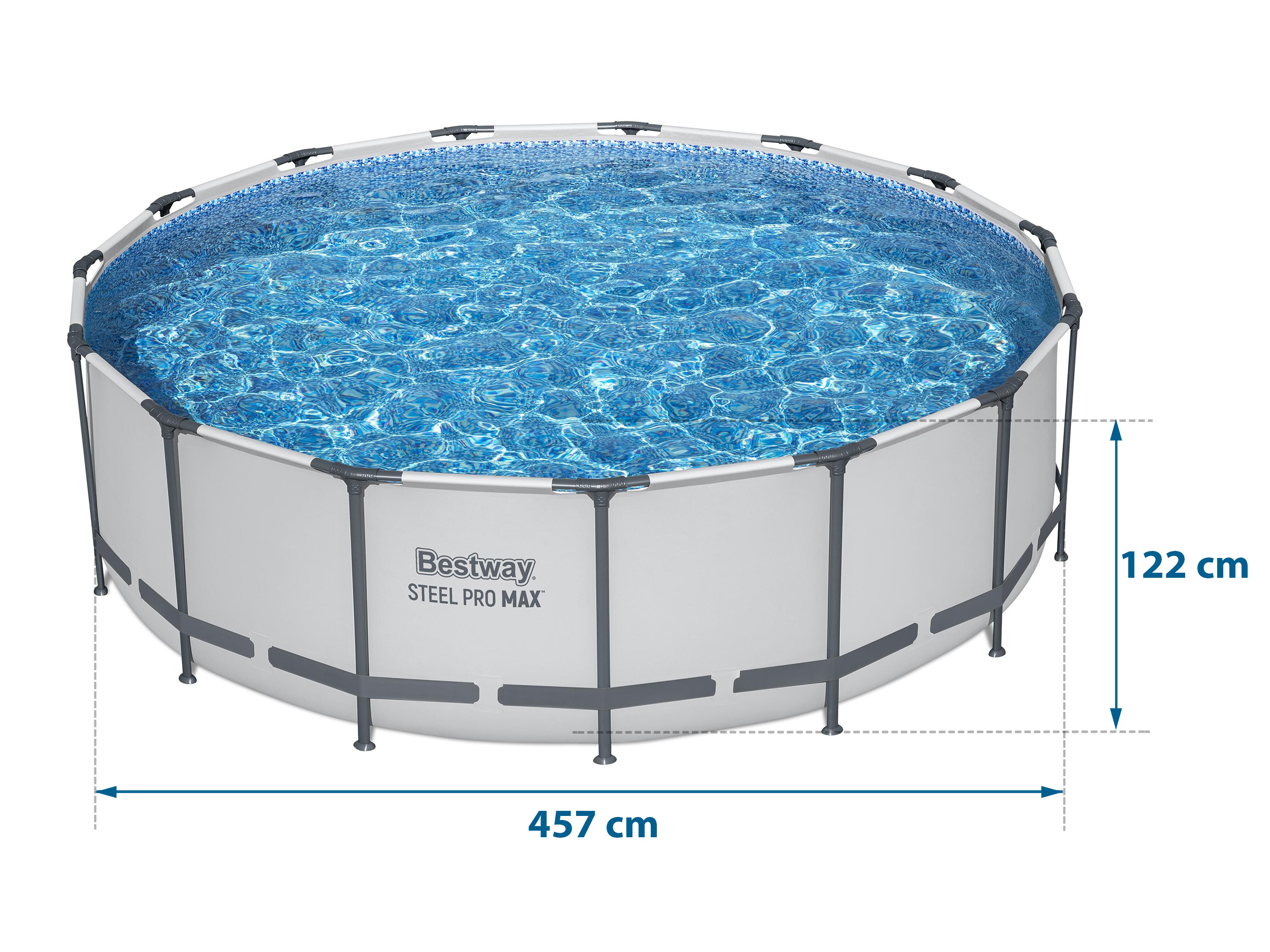 Basen naziemny z wymiarami. Biało-szary basen z niebieskim wnętrzem. 122 cm wysokości, 457 cm średnicy.