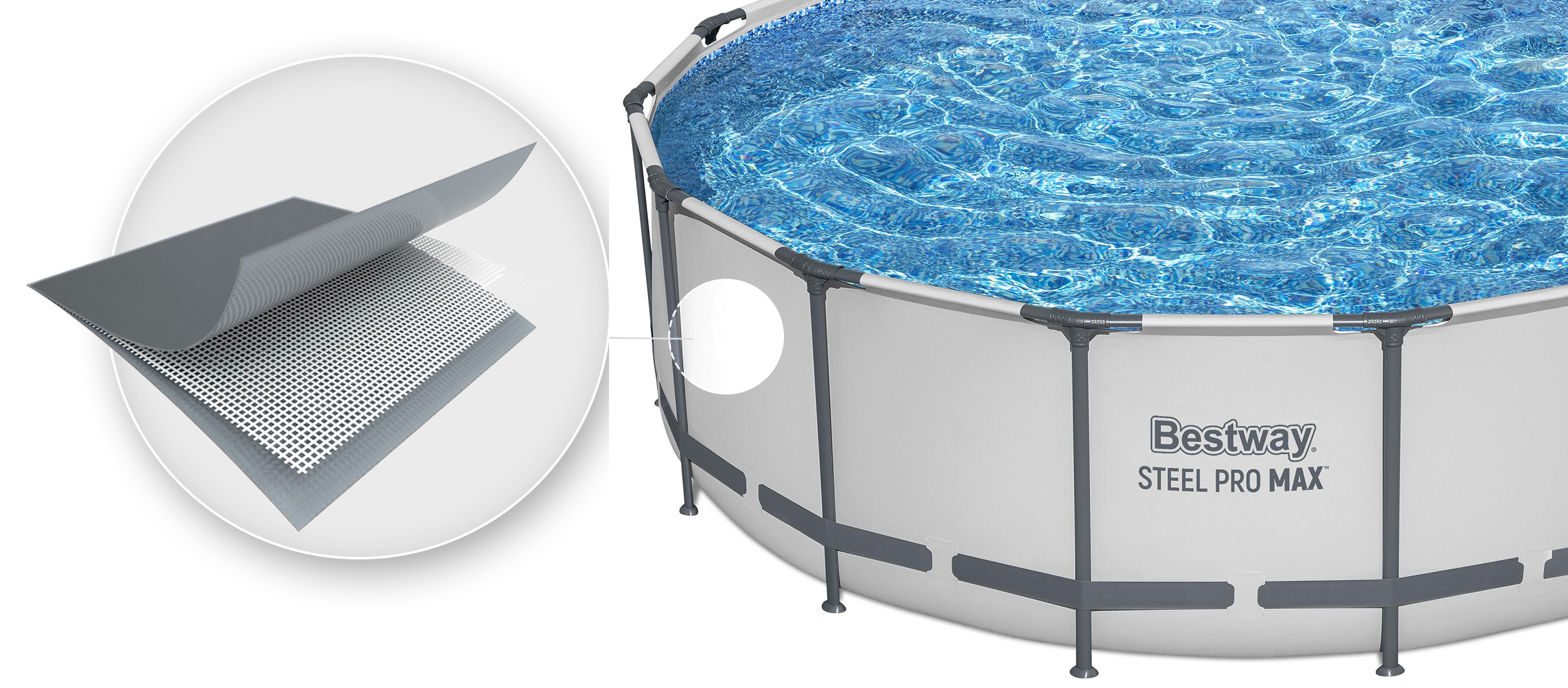 Zbliżenie wkładu basenowego z perforowaną warstwą i fragmentem basenu. Pokazuje logo Bestway STEEL PRO MAX.