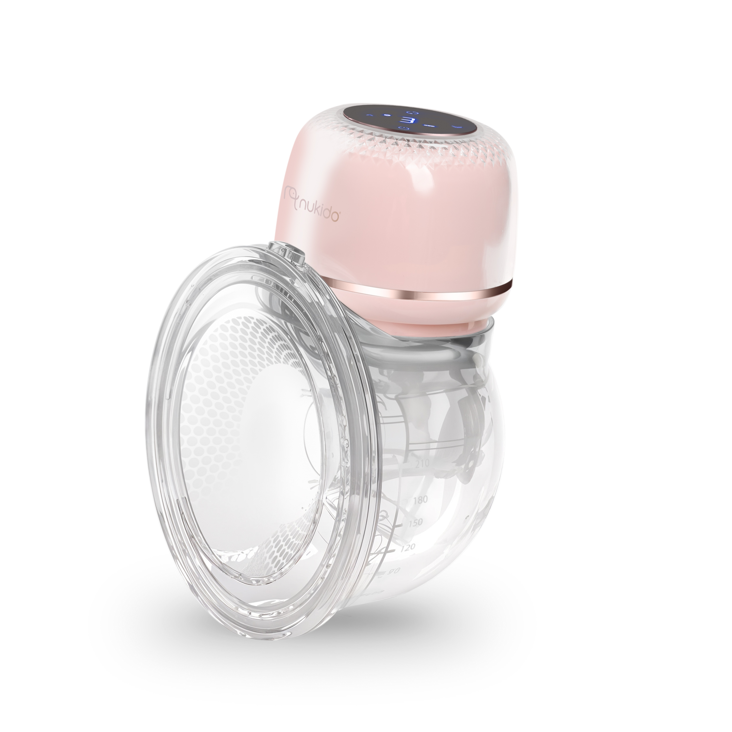 Różowa i biała laktator z przezroczystą osłoną piersi. Laktator na białym tle.