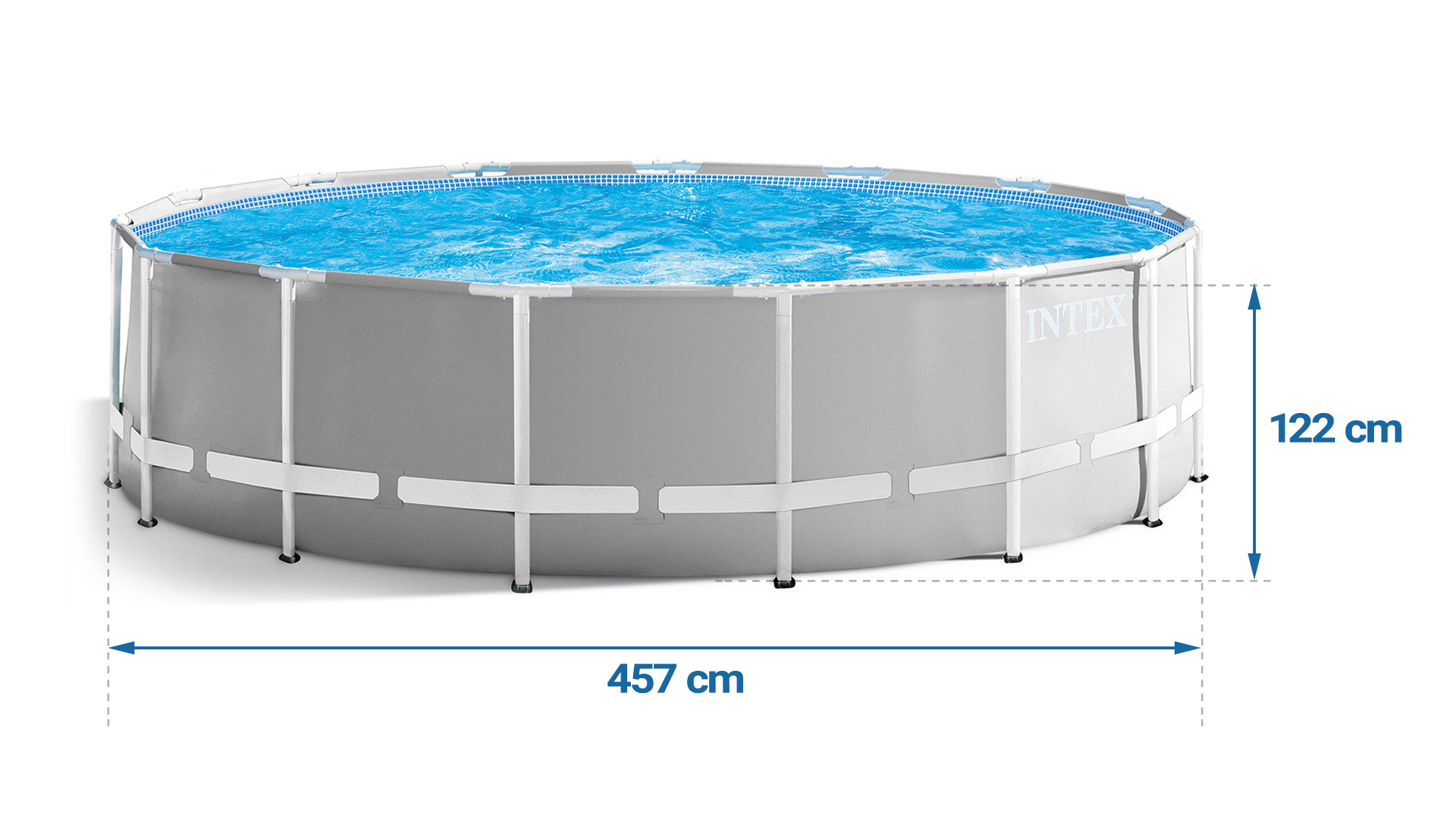 Basen Intex z niebieskim wnętrzem. Wymiary: 457 cm szerokości i 122 cm wysokości.