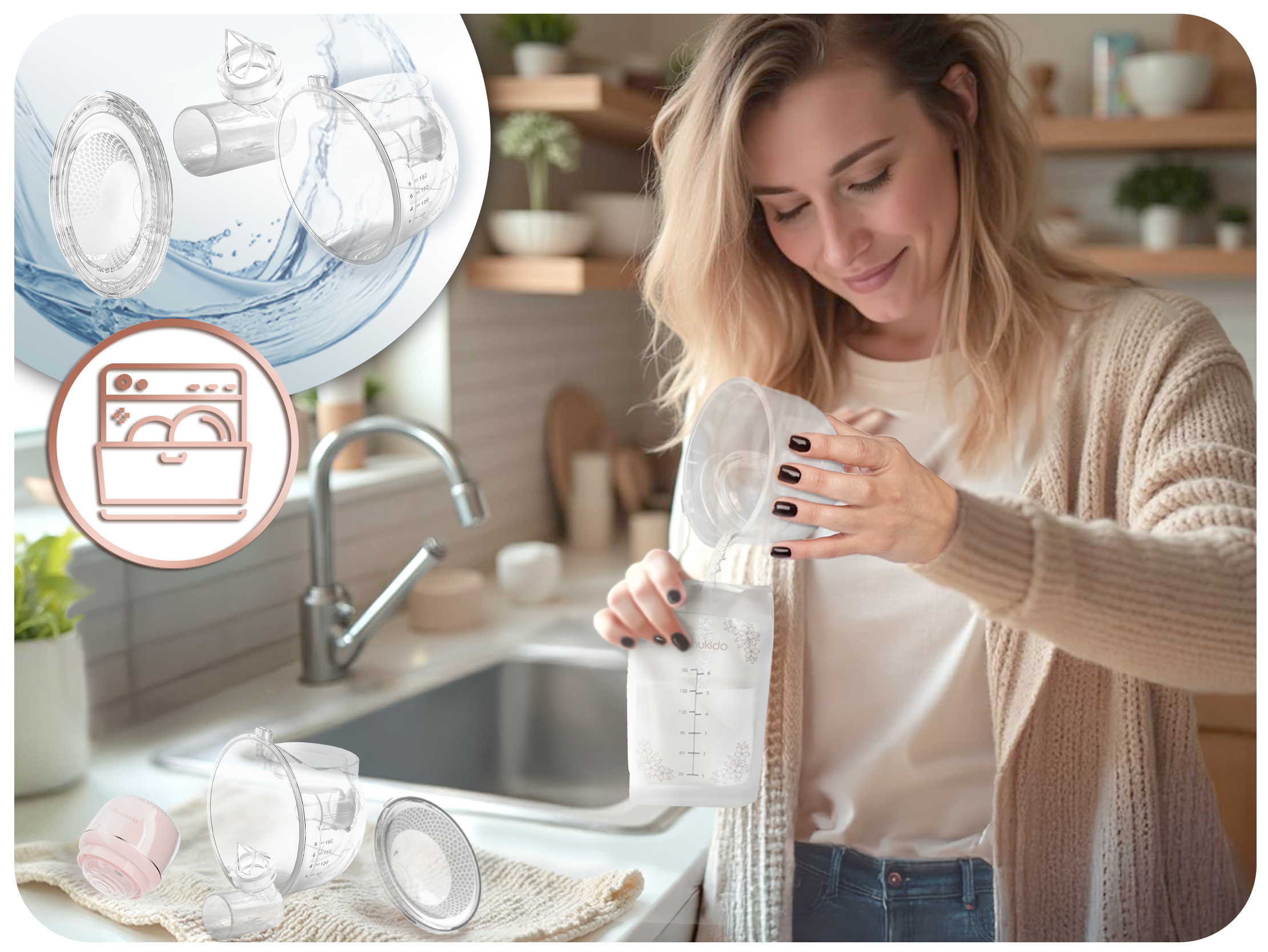 Kobieta przygotowująca się do mycia części laktatora. Części pompy są wyświetlane.