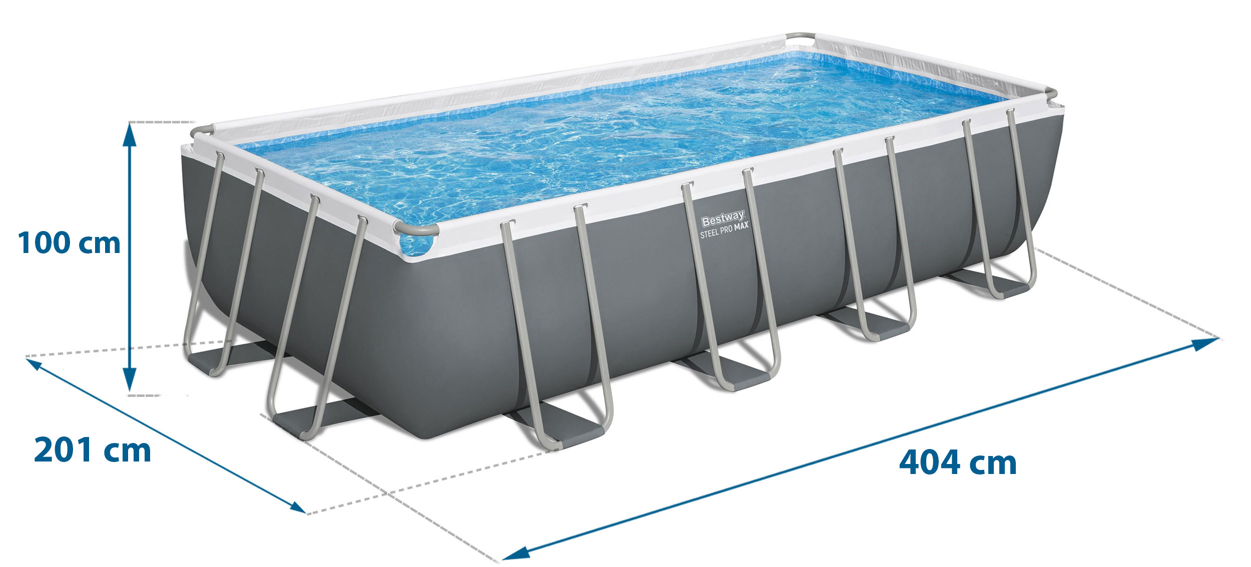 Prostokątny basen o wymiarach: 404 cm długości, 201 cm szerokości, 100 cm wysokości.