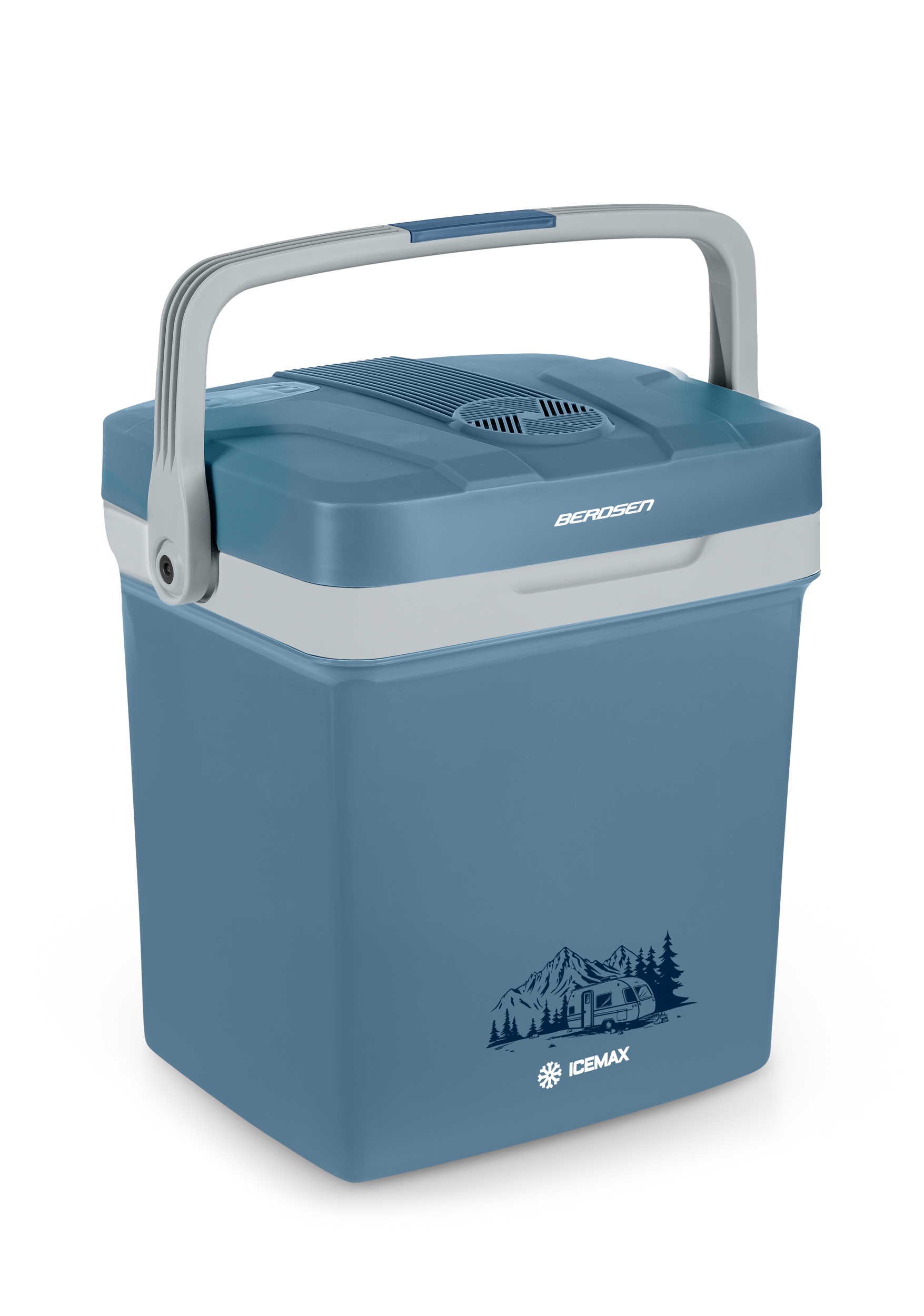 Niebieska lodówka z uchwytem. Ma napis BEROSEN i scenę górską z przyczepą.