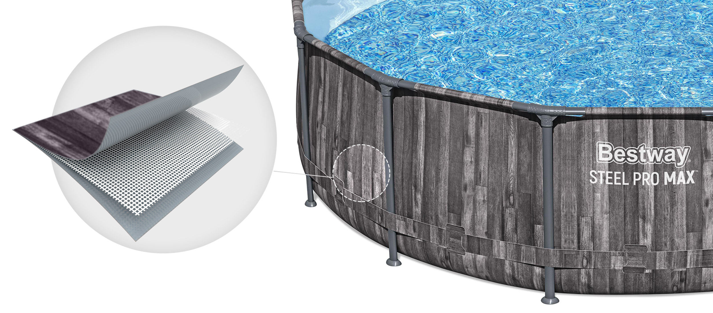 Szczegóły basenu: drewnopodobny wygląd zewnętrzny, woda, marka Bestway Steel Pro Max. Powiększony widok warstw.