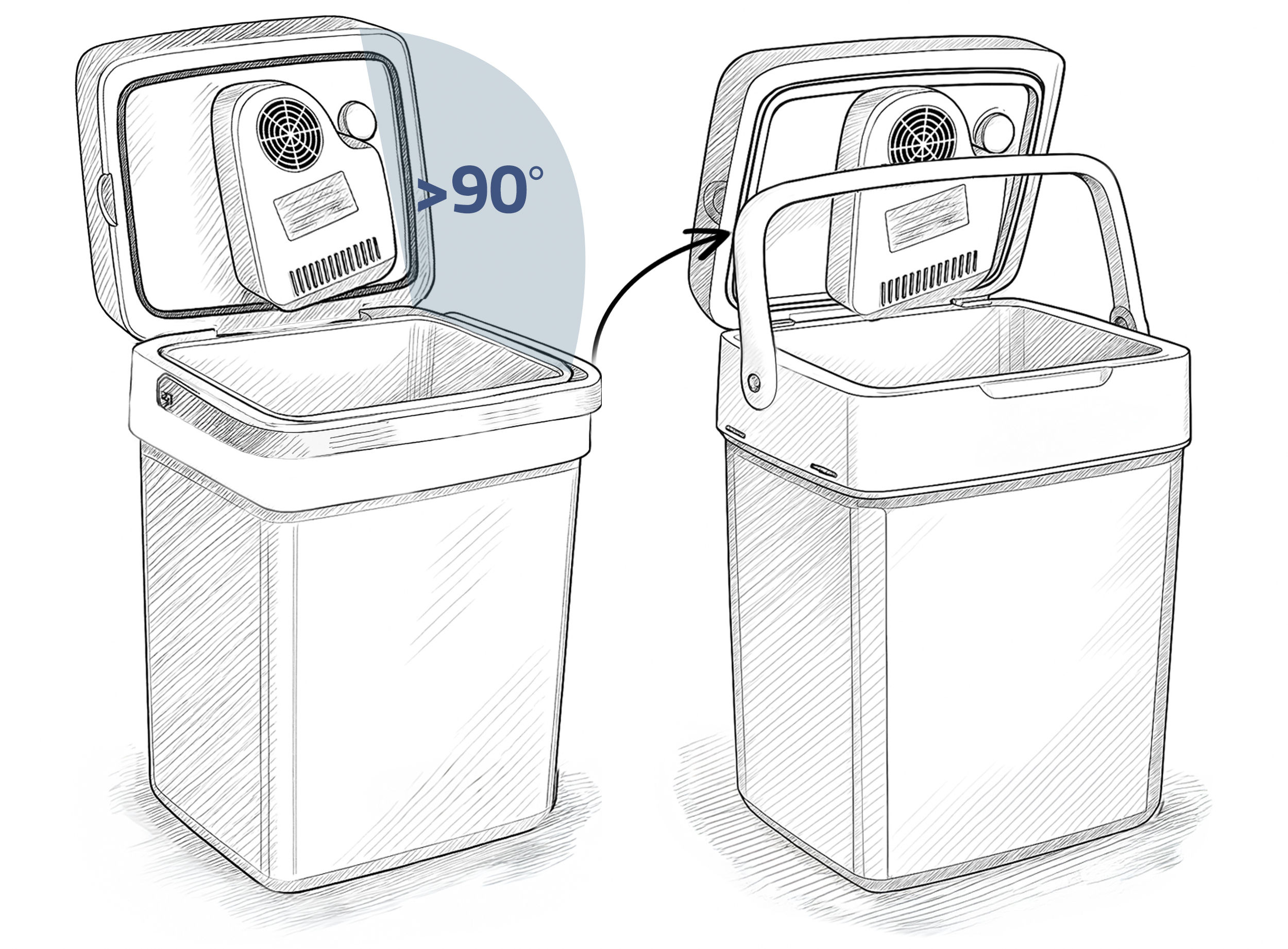 Dwa szkice chłodziarki. Chłodziarka jest biała, z pokrywą, która otwiera się pod kątem większym niż 90 stopni.