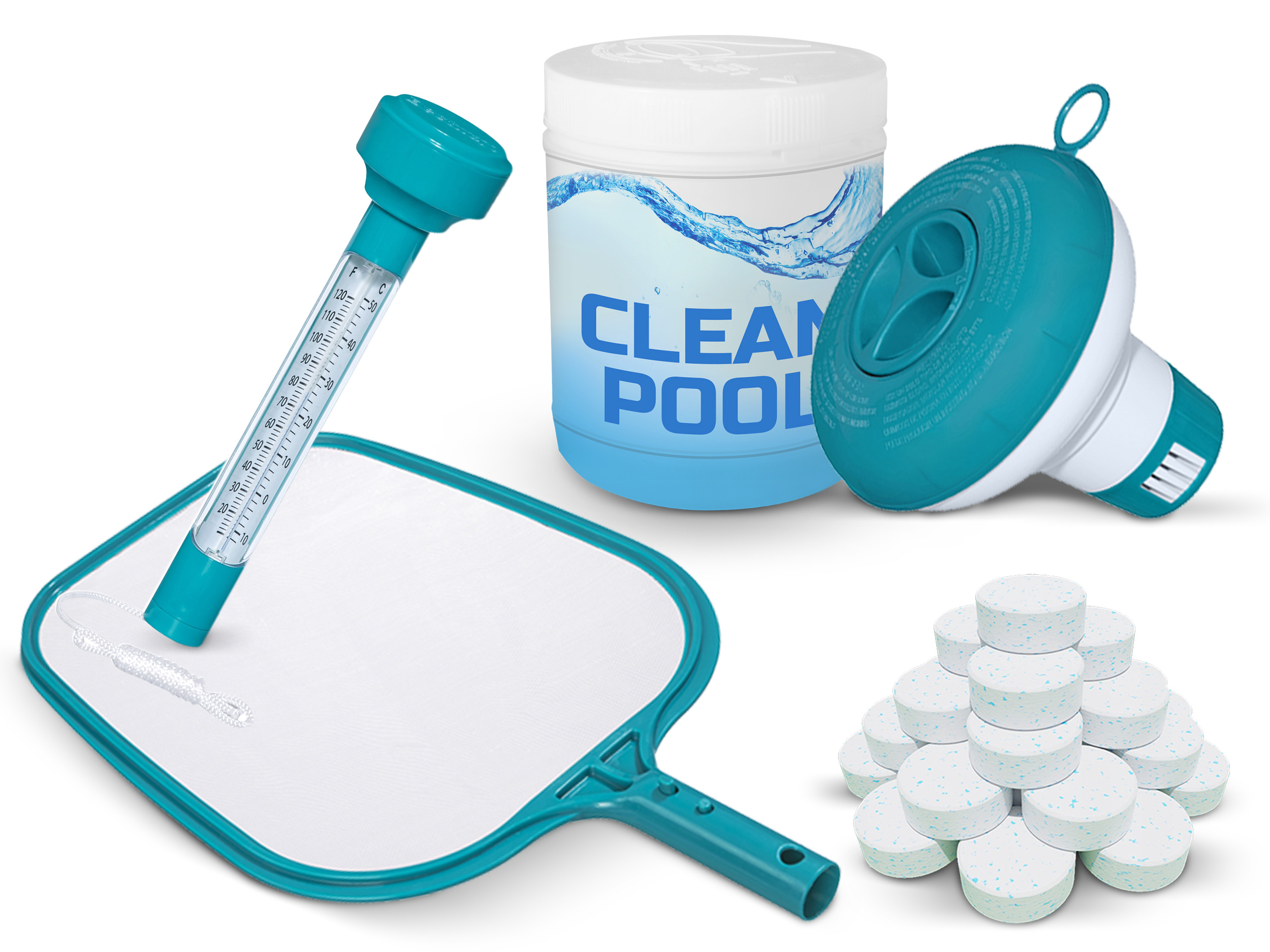 Artykuły do czyszczenia basenu. Wyświetlany jest termometr, skimmer, tabletki czyszczące i pojemnik z napisem „CLEAN POOL”.