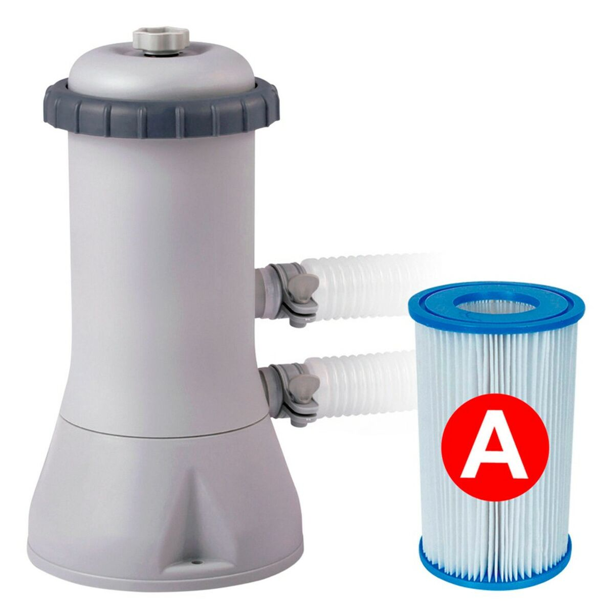 Filtr basenowy i wkład filtra. Filtr jest szary i biały, z dołączonymi wężami. Wkład jest biały z czerwoną literą „A”.