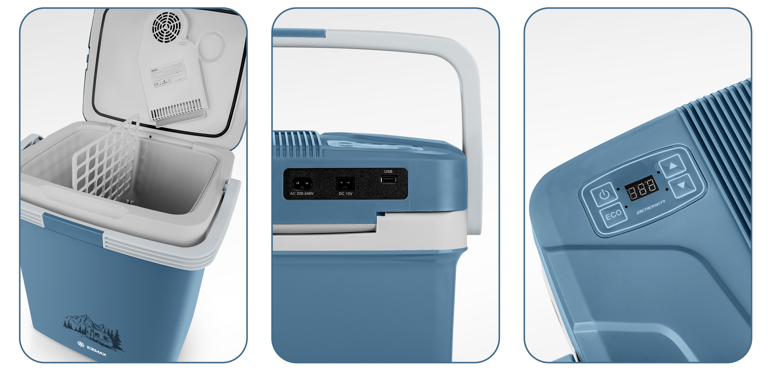 Niebieska lodówka turystyczna, z otwartą górą pokazującą wnętrze. Szczegóły wnętrza i panelu sterowania z boku.