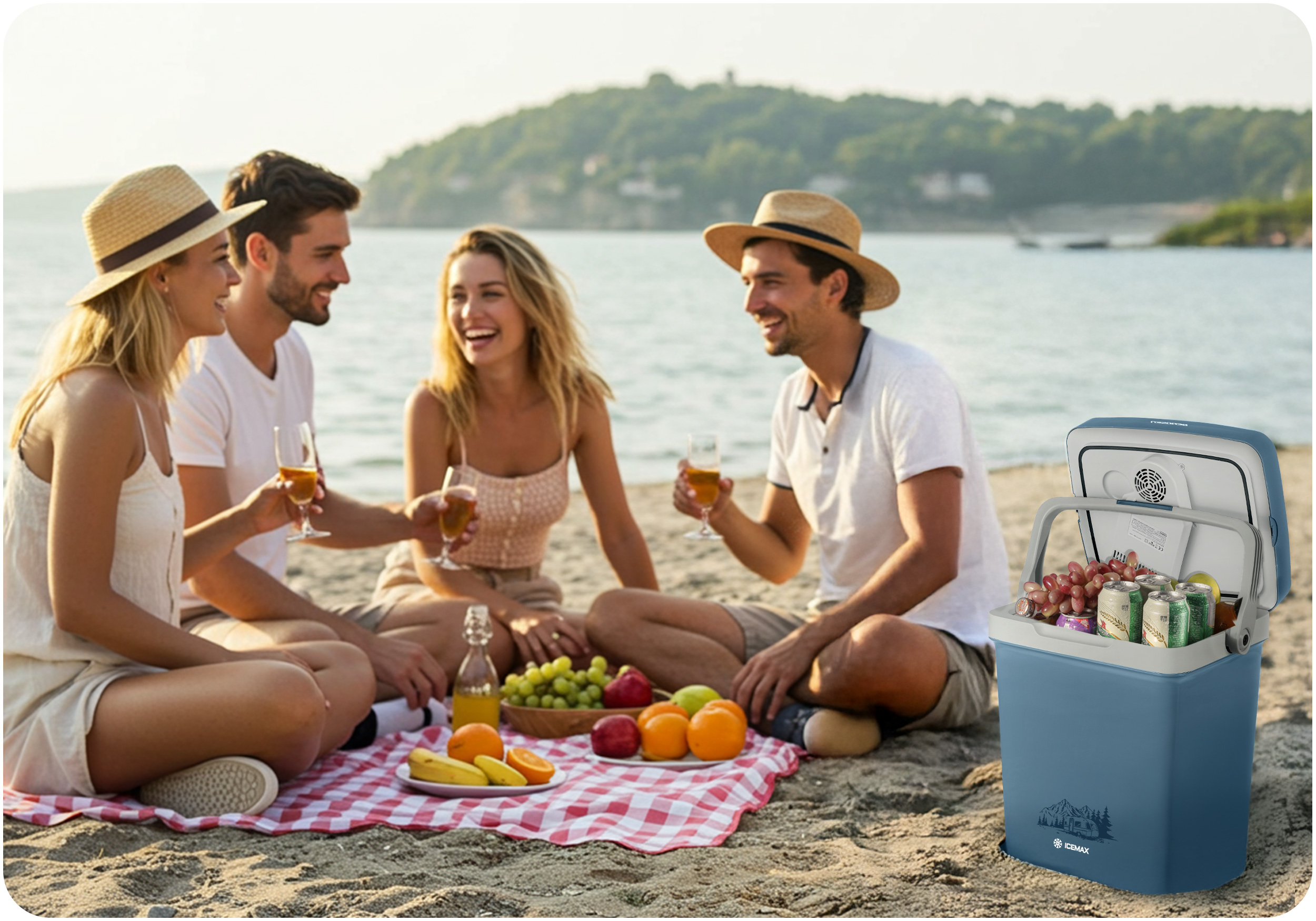 Cztery osoby na plaży na pikniku. Lodówka jest otwarta z jedzeniem.