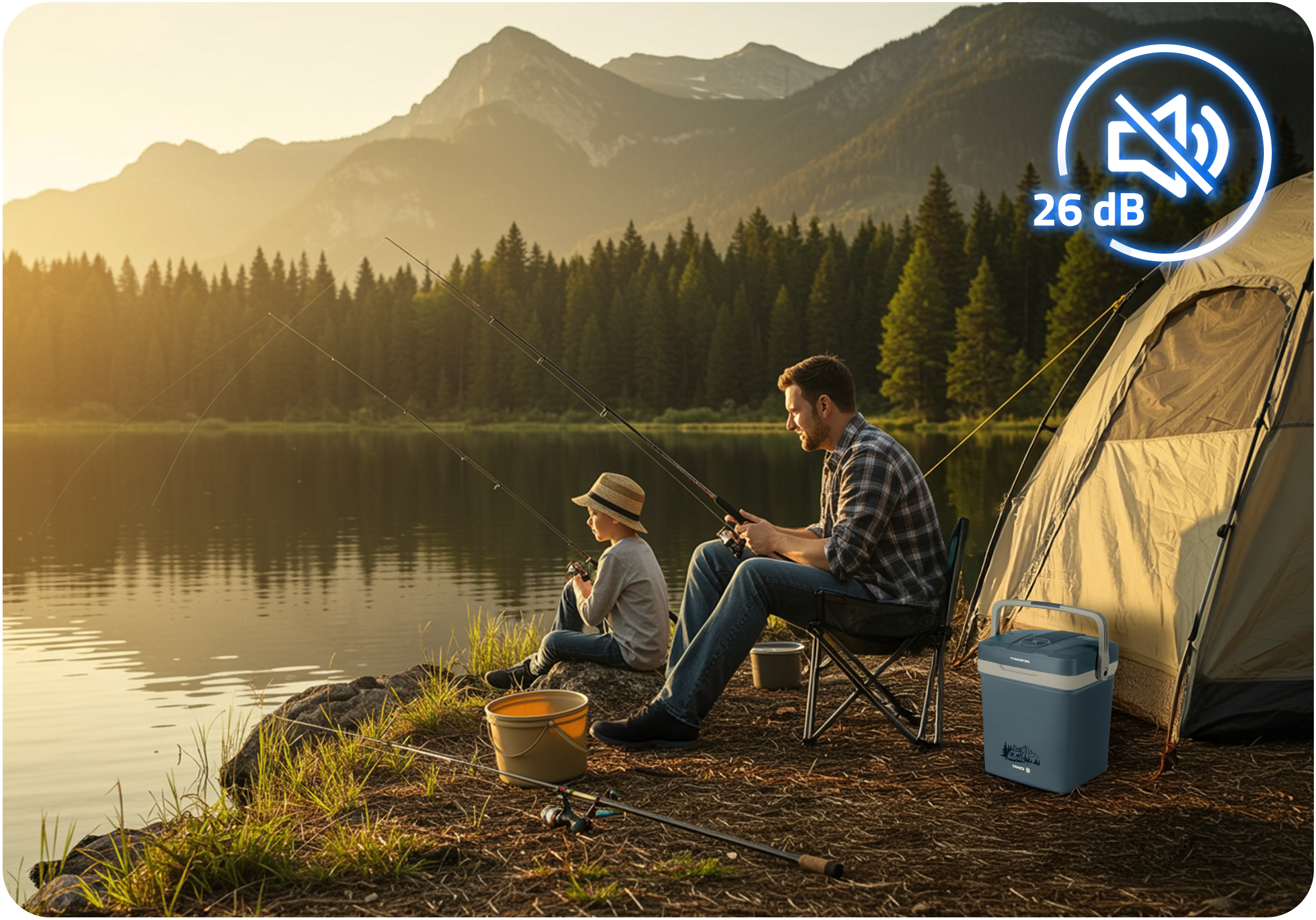 Mężczyzna i chłopiec łowiący ryby nad jeziorem. Lodówka stoi na ziemi.