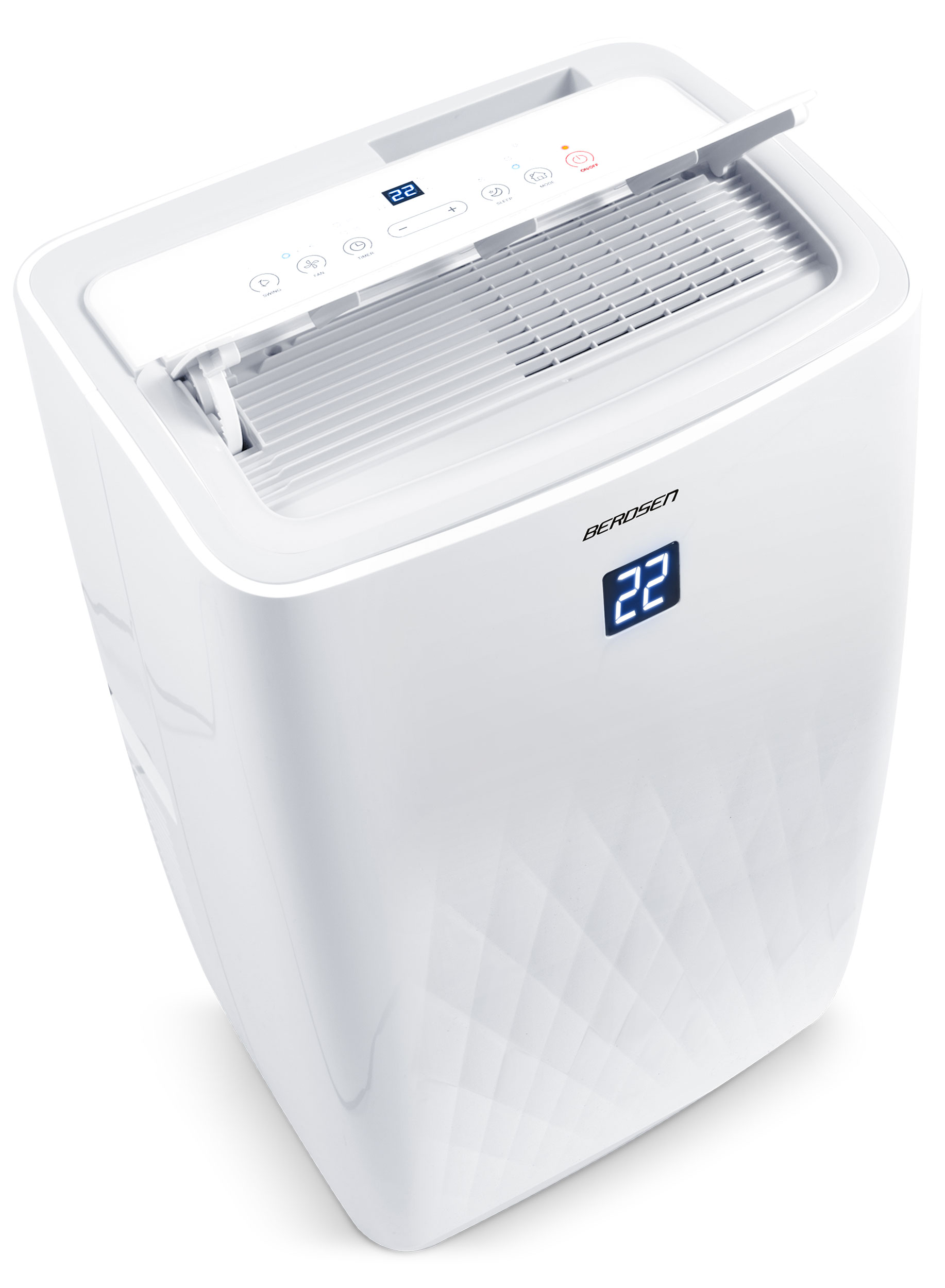 Biały oczyszczacz powietrza z cyfrowym wyświetlaczem pokazującym liczbę 22.