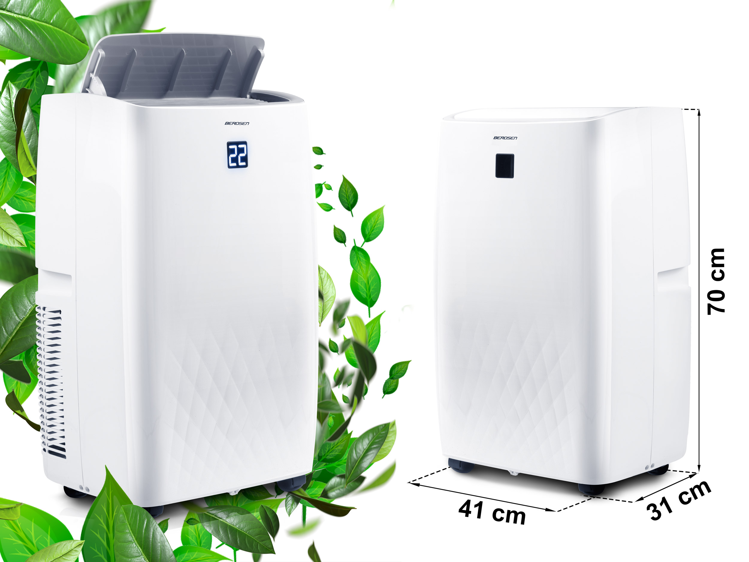 Dwa białe oczyszczacze powietrza z liśćmi na pierwszym planie. Jeden pokazuje temperaturę na cyfrowym wyświetlaczu.