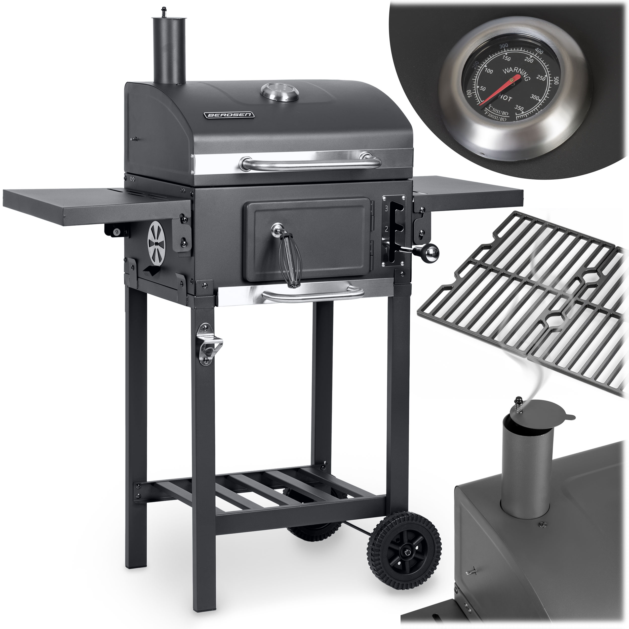 Czarny grill węglowy z zamkniętą pokrywą. Ma termometr i stolik boczny. Pokazano zbliżenie grilla.