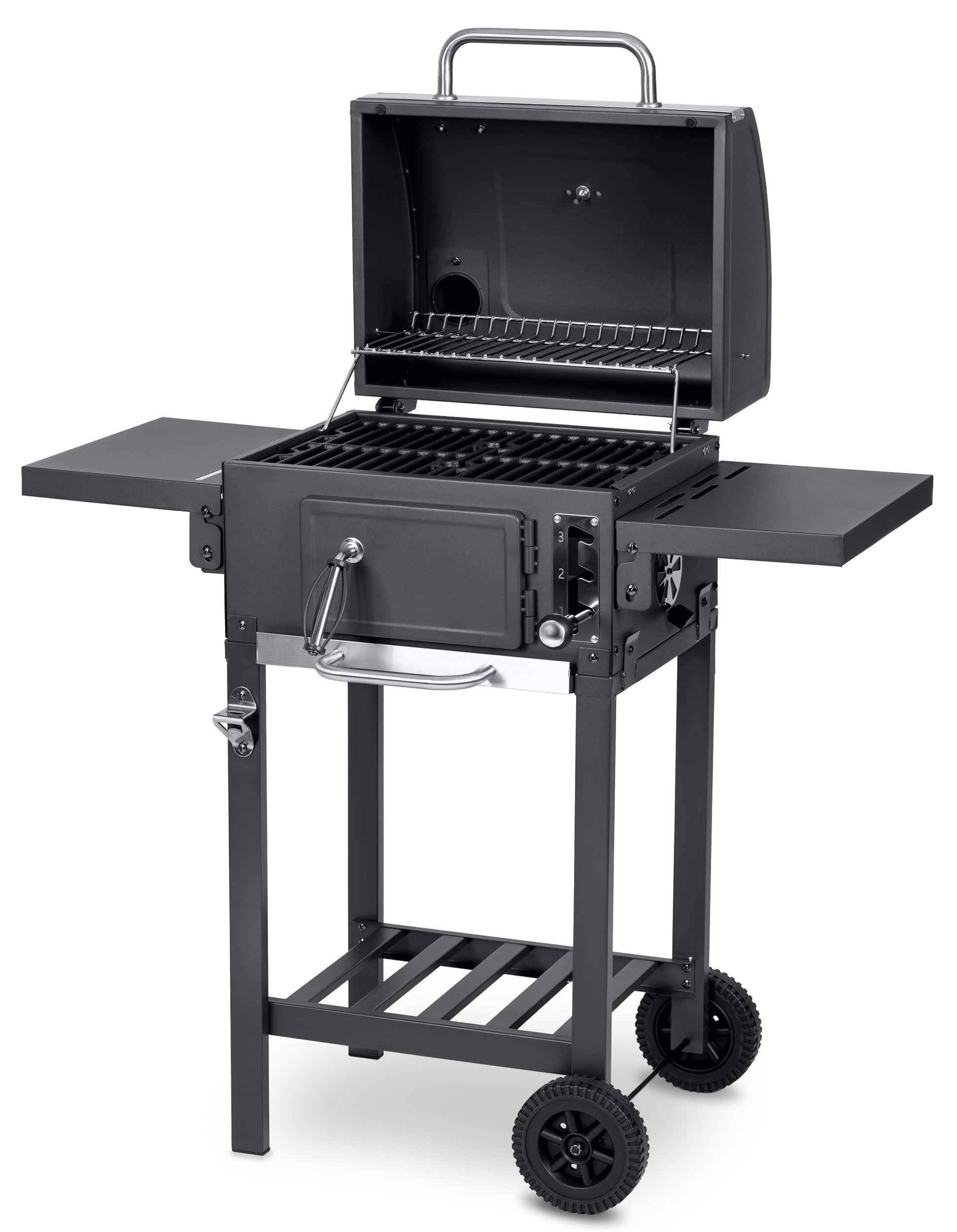 Czarny grill węglowy z otwartą pokrywą. Ma stolik boczny i stoi na metalowej ramie z kołami.