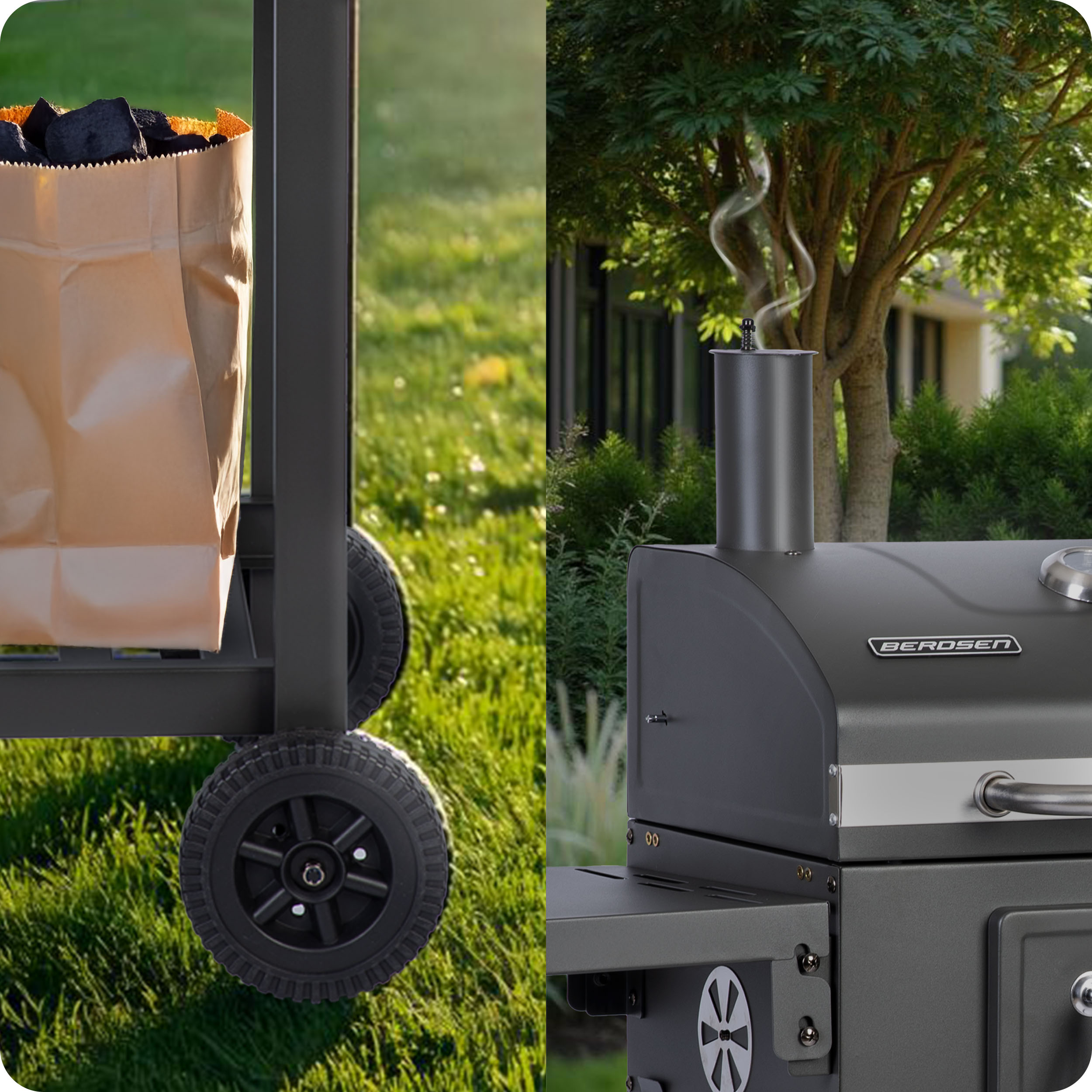 Grill z czarnymi kołami, workiem węgla drzewnego i kominem. Na trawiastym tle.