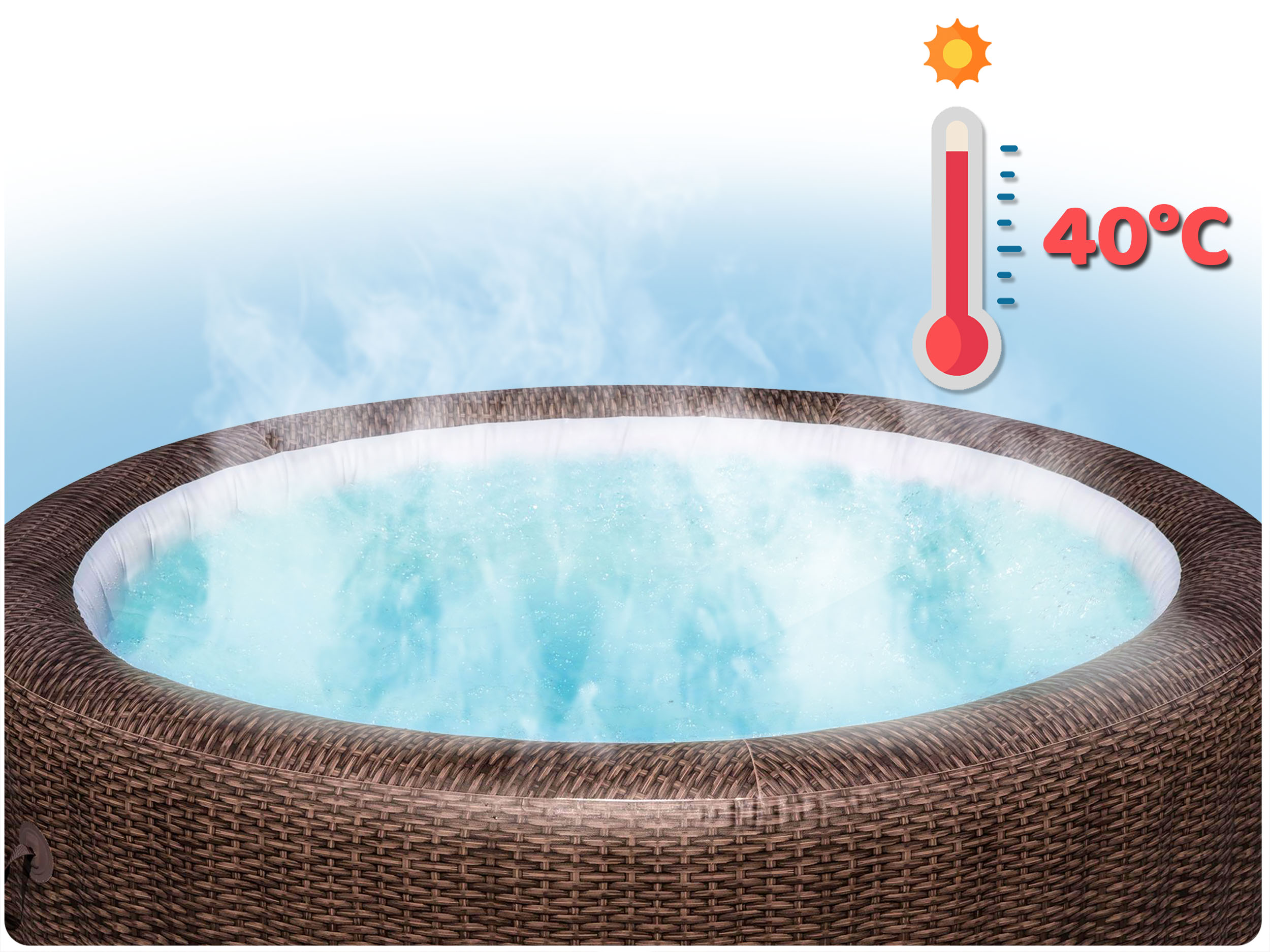 Jacuzzi z unoszącą się parą. Termometr pokazuje 40°C. Wanna jest brązowa.